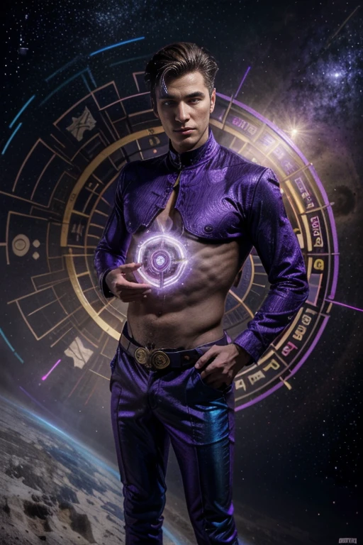 Quarter body photorealistic handsome Hunky shirtless Zodiac Prince: Pieces.. wearing light Green. standing on magic circle. Galaxy as background.
