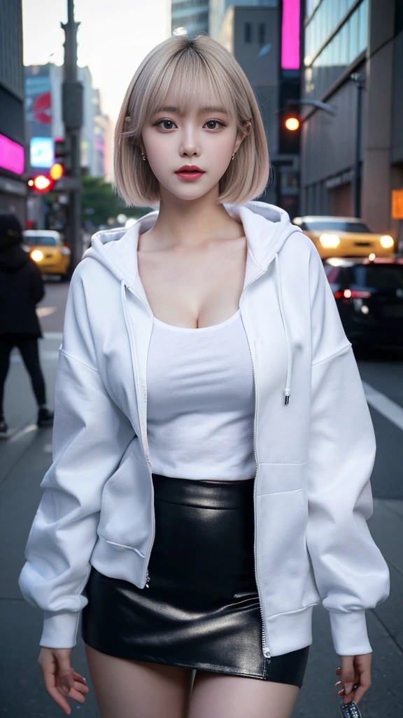 cyber punk, highest quality, masterpiece, shape, Realistic, photo-Realistic, wonderful, finely, Very detailed, High resolution, Very detailed, unity 8k wallpaper, Full body shot of a beautiful young woman with Korean-style features resembling a popular actress, Hoodie Jacket, Tシャツ Leather Skirt, (Very small breasts), thin, She has pink and bluish eyeshadow, bangs, blonde, short hair, head, and arms. Standing and looking at me, Shinjuku, Narrow eyes, 細長い目のshape, Three white eyes, Confident expression, Evil look, Very slender and beautiful legs, Beautiful and thin thighs, Earrings,