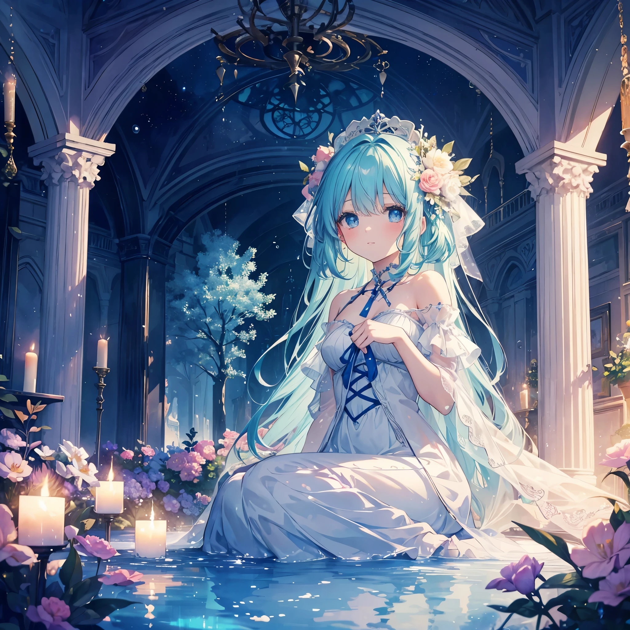 (high quality, 8k), (Soft Light), Iridescent, One Girl, Detailed face, Beautiful Eyes, watercolor paiting, So magical and dreamy, Dreamy details, Dreamy atmosphereとドラマ, Gorgeous atmosphere, Fantastic and beautiful lighting, Dreamy atmosphere, Beautiful atmosphere, Dreamy Romantic, Fantastic and dreamy theme, Magical atmosphere, Beautiful atmosphere, Anime Background Art, Magical atmosphere + Tabletop, Dreamy aesthetics, Beautiful details with atmosphere, Lots of flowers, bubble, water, garden, Sit on the ground, Shining Eyes
