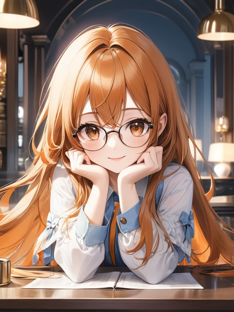 (masterpiece), (best quality),(ultra detailed),(extremely detailed),(absolutely resolution) ,absurdres,8k, cute and beautiful face, highly detailed face and eyes, 1girl, wearing glasses, smile, hands up,elbows on table, (long hair, orange hair, brown-eyes:1.5),(Intricate Iris Details,Depth and Dimension in the Pupils:1.0), 