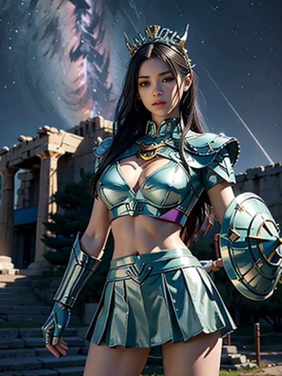 masterpiece, best quality, Ultra-high resolution, Realistic skin texture, armature, (Reality:1.4), high resolution, original photo, Glowing skin, Realistic skin texture, Optimal lighting, spark, Dramatic Lighting, Dynamic poses, (Greek temple background:1.3), Night Sky, universe, Milky Way, 1 Girl, (Mid-chest:1.1), Balanced Eyes, Dragon Zilong wearing green and silver armor, Purple pants, purple short sleeve shirt, Wearing a dragon helmet, Roman skirt, (chest:1.5), Very long hair, shield, cleveage,