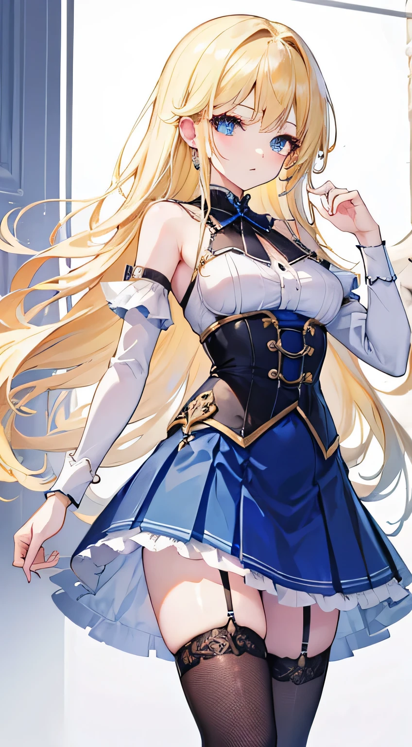 slim legs, cleavage, short skirt, navel, blue eyes, thigh high socks, stand, blonde hair, long hair, short skirt, durandal, happy, maid uniform