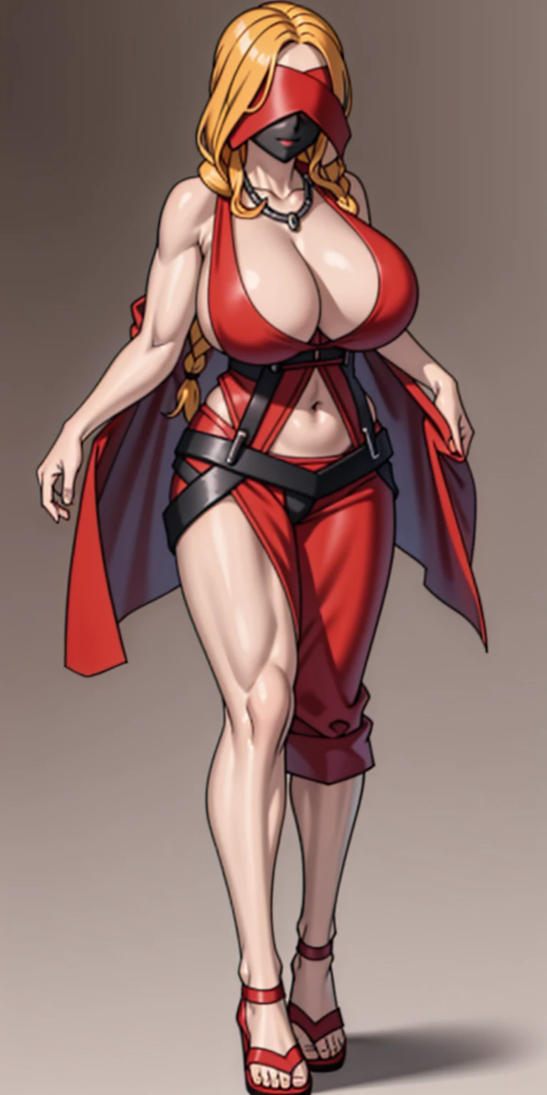 (masterpiece, HI quality: 1.1) 1girl full body standing good face, nice ass, hairstyle: braid, Color Hair: long hair, Blindfolded: NO EYES, Skin: White (porcelain skin, sparkly skin), muscular, thighs, Mature woman, Abs, looks at the viewer smiling, extremely huge breasts, maternal, chest cover with clothes, huge white necklace