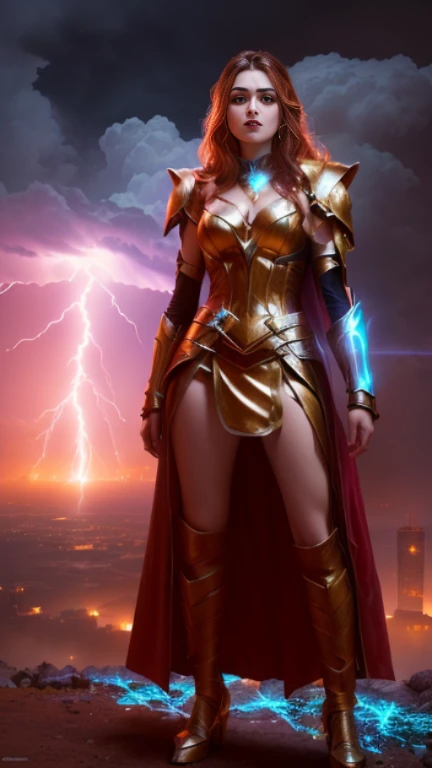 a woman in a costume standing on a hill With Lightning in the background, Goddess of Thunder, wearing thunder armor, Maya Ali as the Lightning Magician, She's attracting lightning, Lightning Fantasy Magic, Fantasy Character Pictures, Lightning flashes behind her, Lightning in the movie, Female lightning Jenasi, Magnificent lightning, With Lightning, amouranth as a super villain