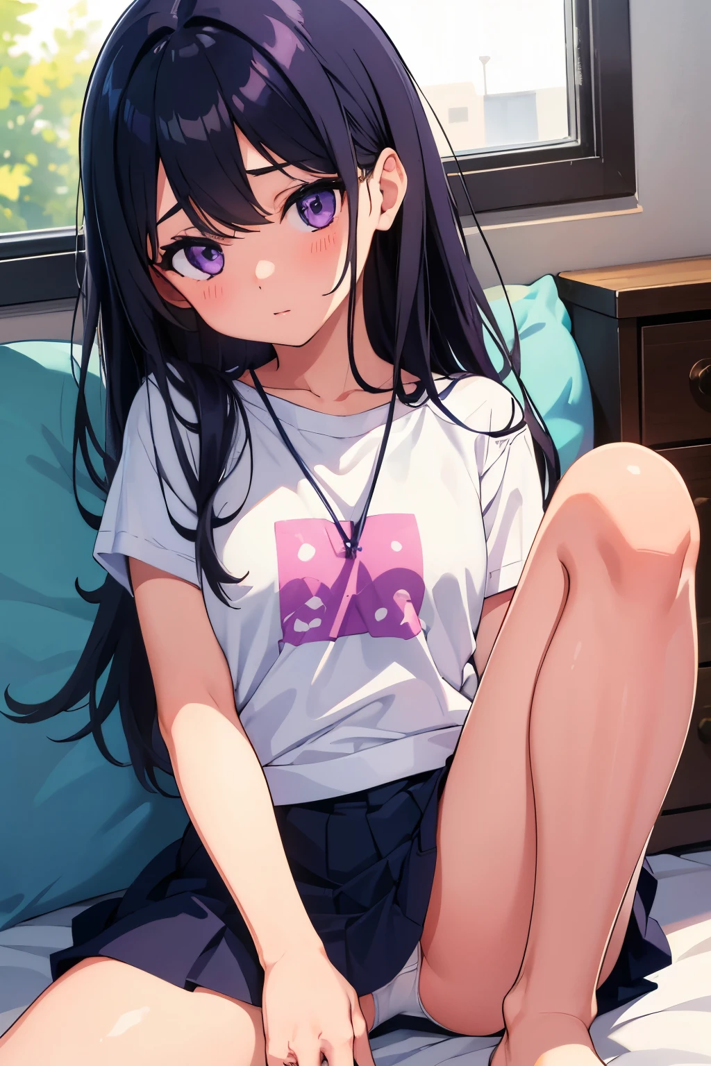 Girl's Room 8--old l Flat Chest Black Hair Long Hair Purple Eyes 1 person White T-shirt on upper body Navy blue mini skirt ((White panties are visible)) Sitting Dynamic Angle Low - Angle