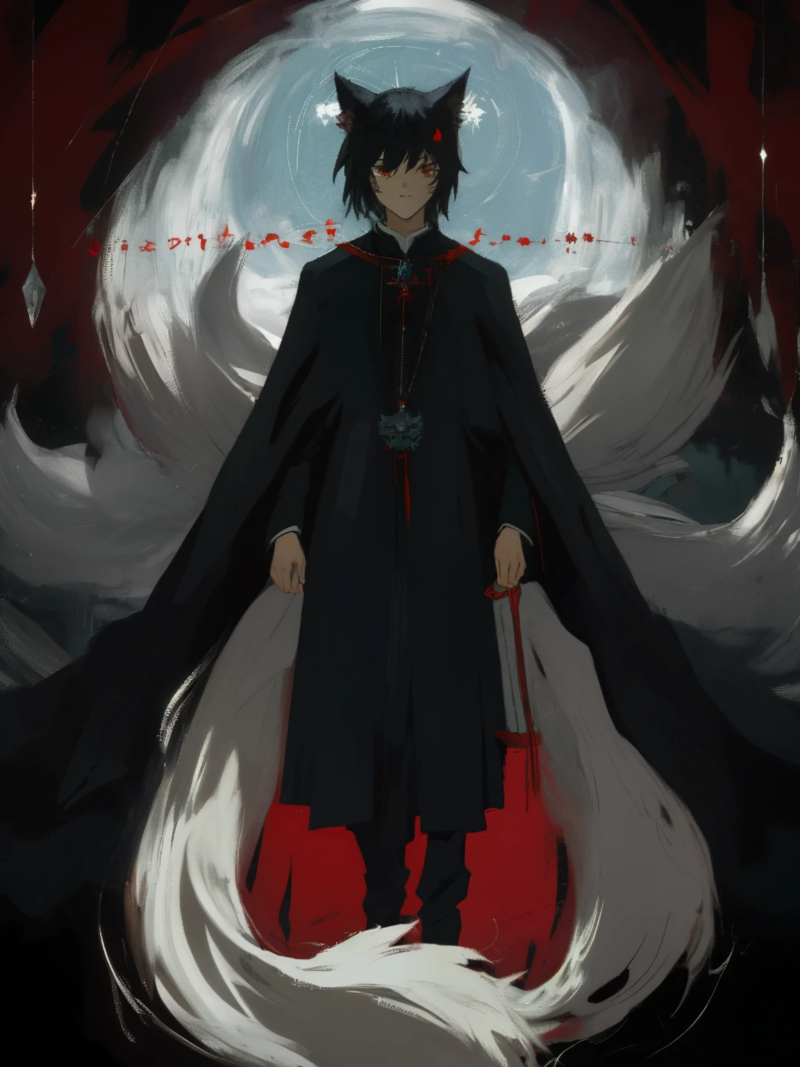 ((masterpiece, best quality)) Kitsune, male, black long hair, handsome, slender, dark priest with balck and red cloack, fox ears, red eyes, cultist, black crown, solo, one character, 