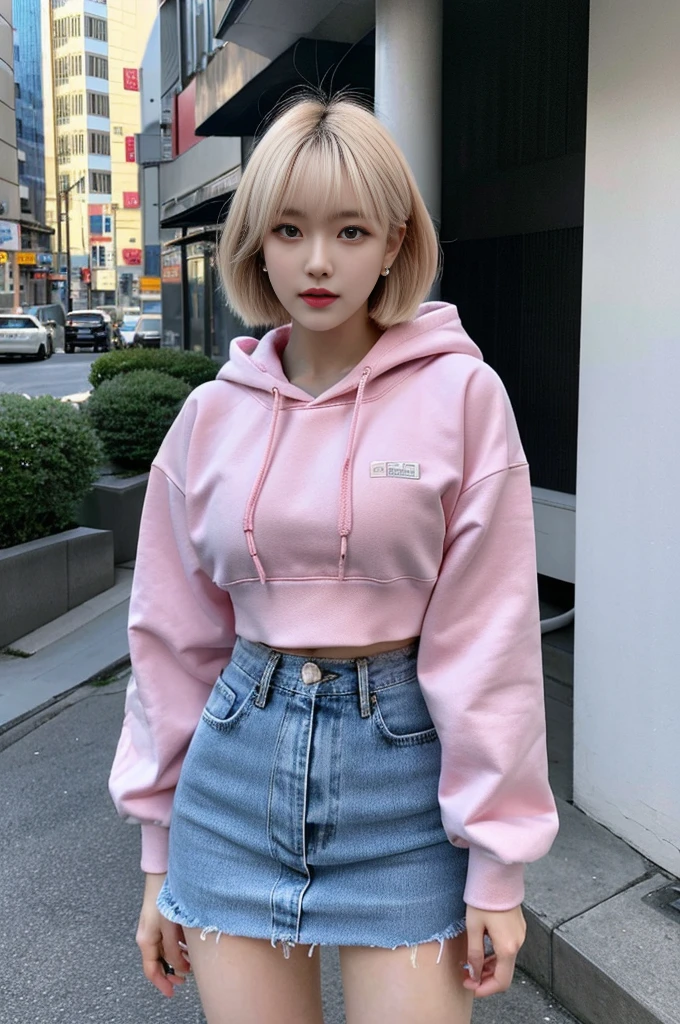 cyber punk, highest quality, masterpiece, shape, Realistic, photo-Realistic, wonderful, finely, Very detailed, High resolution, Very detailed, unity 8k wallpaper, Full body shot of a beautiful young woman with Korean-style features resembling a popular actress, Hoodie Jacket, Tシャツ Leather Skirt, (Very small breasts), thin, She has pink and bluish eyeshadow, bangs, blonde, short hair, head, and arms. Standing and looking at me, Japanese residential area, Narrow eyes, 細長い目のshape, Three white eyes, Confident expression, Evil look, Very slender and beautiful legs, Beautiful and thin thighs, Earrings,