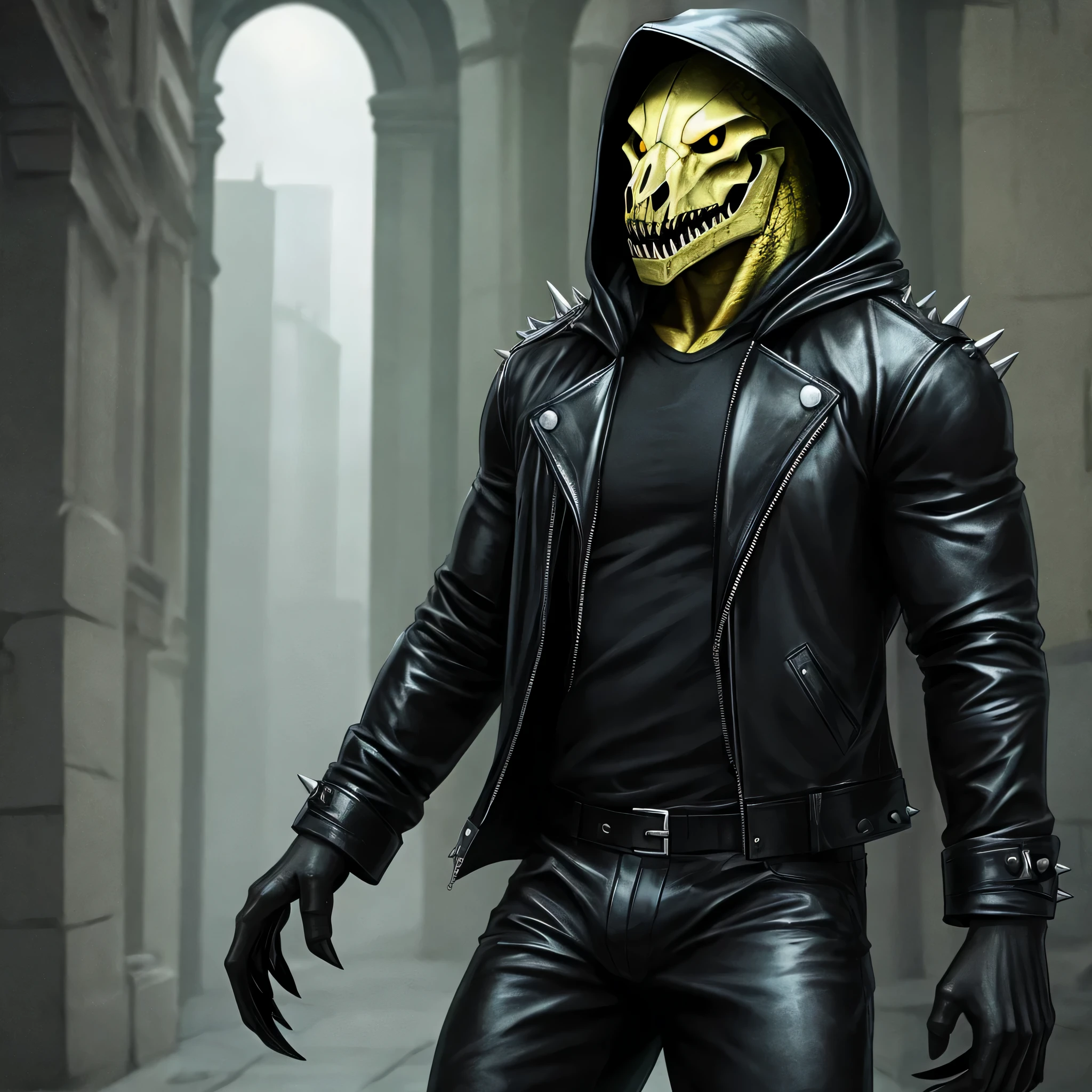 male humanoid scp-682, green scale perfect muscular reptile god body, reptile skull face, yellow reptile eyes, and wearing black leather jacket with hood and white metal spikes, black shirt, black leather pants, and black boots