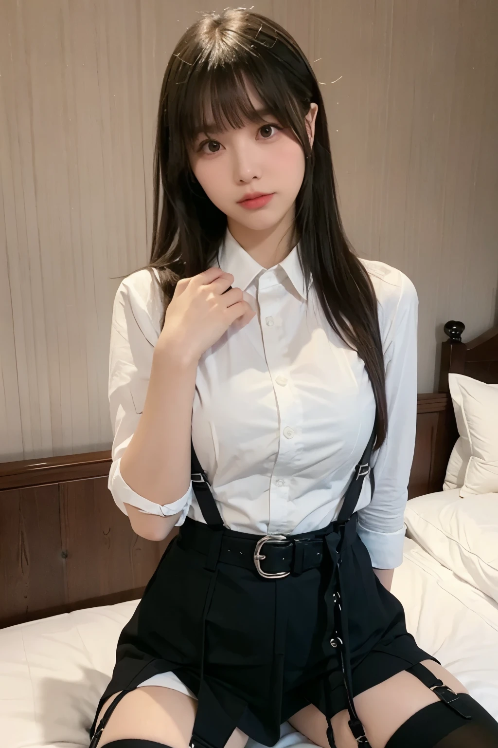 suspenders Large swollen breasts Black mini skirt garter belt Knee-high socks bangs Beauty Hands up Black boots Taunt one person Dress shirt Hands Behind Back put your hands behind your back With your hands behind your back Armament holster A room at the Belt Hotel Bed