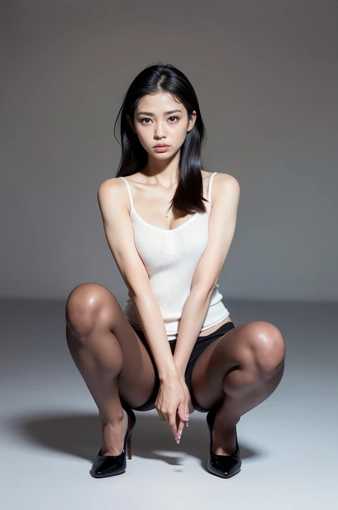 (original photo:1.2), (lifelike:1.4),美丽Delicate woman,The eyes and face are very detailed., Exquisite eyes, Super detailed, High resolution, Very detailed content,best quality,Implications,Unite,8K Wallpaper,masterpiece,best quality,A woman，Delicate woman，Black Hair，red lips，Exquisite makeup，Beige camisole top，Wear only flesh-colored pantyhose:1.5，High heel，Elite ladies，Full body female love，High heel，Office, Open legs pose:1.5, Spread your legs apart：1.5，Frontal body photo：1.5，slim girl photos, Correct human anatomy，Correct body proportions，nice shoes，Show the inner thigh:1.5，Perineum clear，Place your hands on your head:1.5