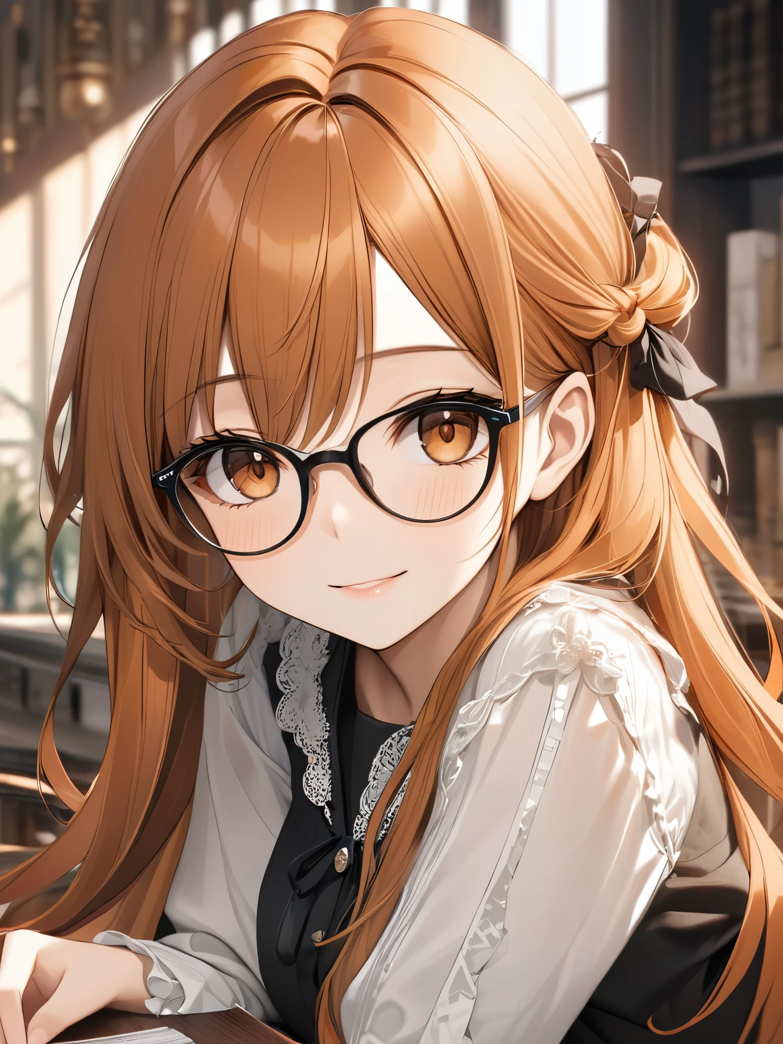 (masterpiece), (best quality),(ultra detailed),(extremely detailed),(absolutely resolution) ,absurdres,8k, cute and beautiful face, highly detailed face and eyes, 1girl, wearing silver-glasses, grin, hands up,elbows on table, (long hair, orange hair, brown-eyes:1.5), hairpin, big-breasts, (Intricate Iris Details,Depth and Dimension in the Pupils:1.0), 