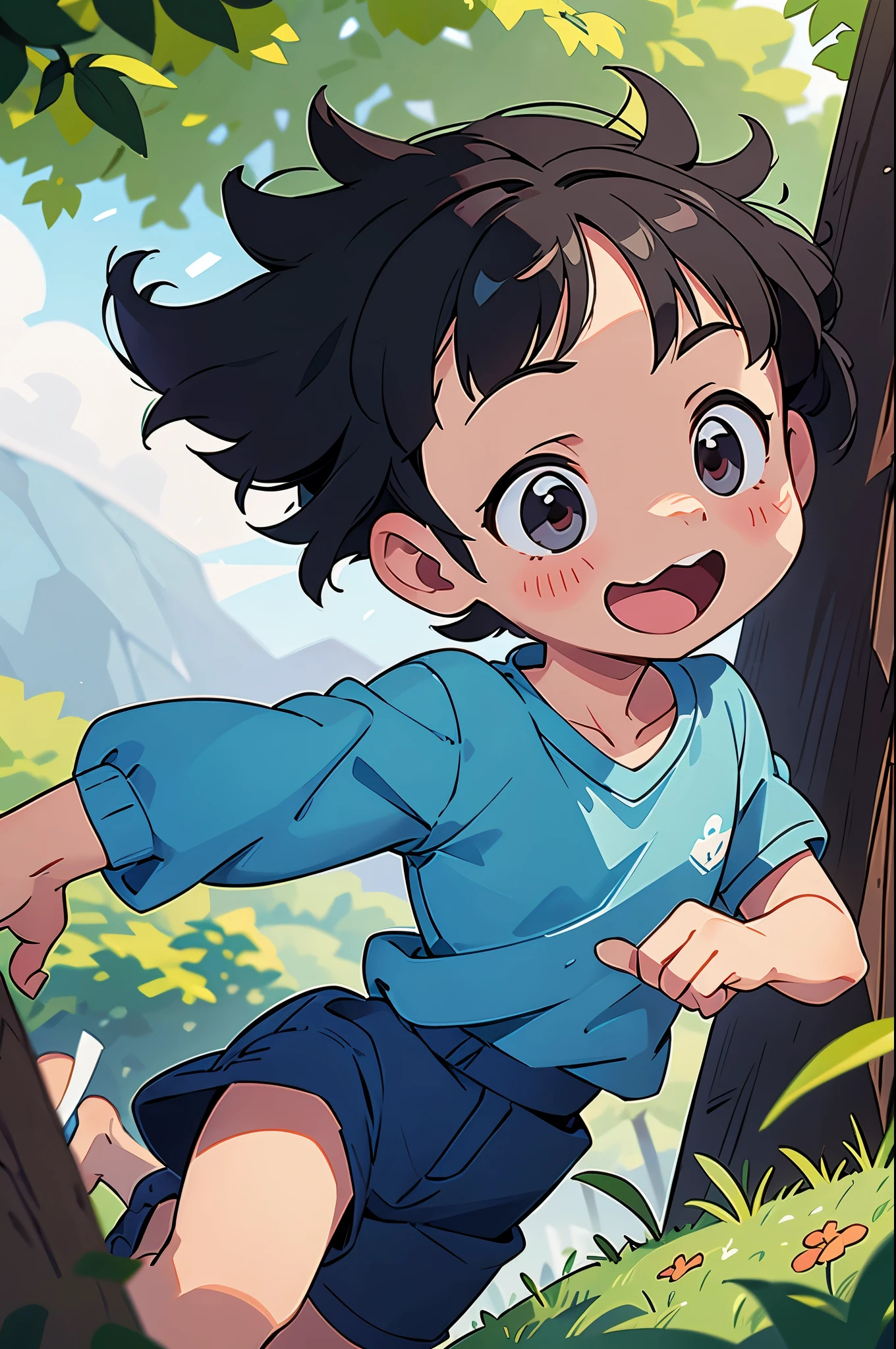 1 little boy. short hair, straight hair, black hair, friend of nature. joyful, fun.
