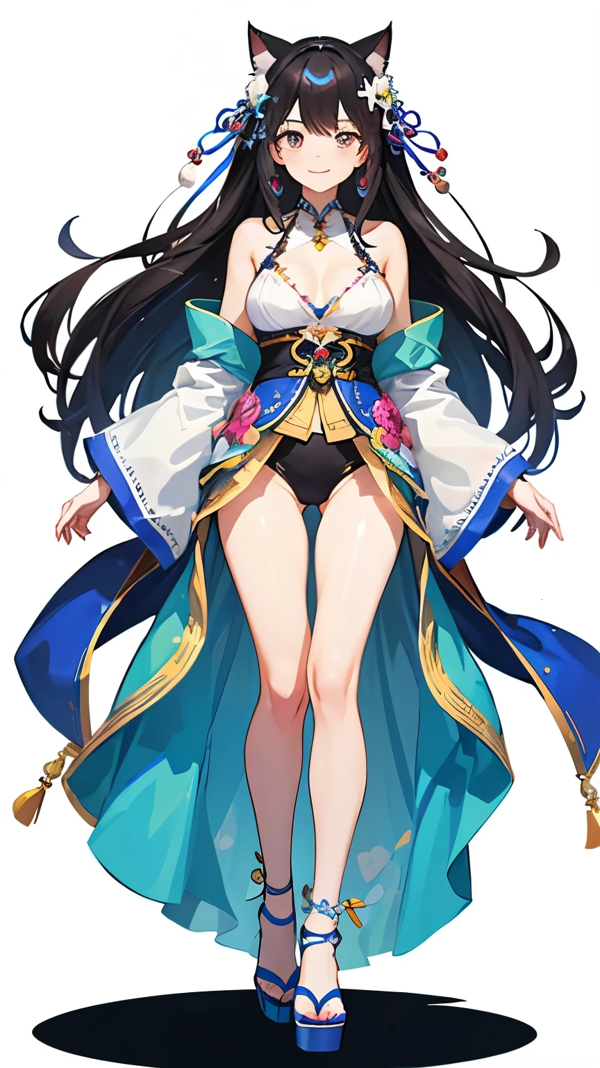 (highest quality, masterpiece, High resolution)、Concept Art、4k digital art、masterpiece肖像画、Cinema Angle、 (1 person)、(beautiful adult japanese woman)、(Full body portrait)、(Detailed depiction of a beautiful face)、A kind smile、20-year-old 、Exquisite beautiful eyes、Cat ear、Black Hair、Shortcuts、Bobcut、hair ornaments、Perfect body、Normal size breasts、cute、sexy、(Colorful Swimsuits)、(Brightly colored design)、((White Background))、