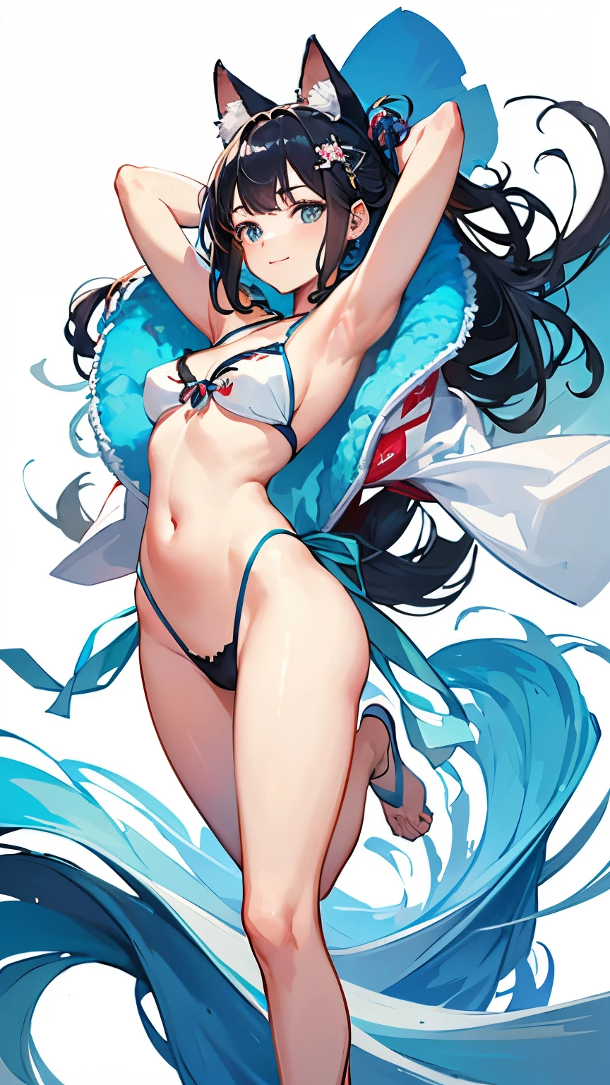 (highest quality, masterpiece, High resolution)、Concept Art、4k digital art、masterpiece肖像画、Cinema Angle、 (1 person)、(beautiful adult japanese woman)、(Full body portrait)、(Detailed depiction of a beautiful face)、A kind smile、20-year-old 、Exquisite beautiful eyes、Cat ear、Black Hair、Shortcuts、Bobcut、hair ornaments、Perfect body、Normal size breasts、cute、sexy、(Colorful Swimsuits)、(Brightly colored design)、((White Background))、