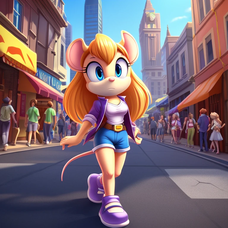 ((Masterpiece)), HD, Best Quality, vibrant lighting, shading, intricate details, extremely detailed, very detailed, high resolution, 8k, high quality, studio quality, detailed, insanely detailed, extreme detail, refined detail, perfect detail, max detail, solo, solo focus, high quality, cartoon style, 2d, Mobian, solo, 1girl, (gadget hackwrench, chip_'n_dale_rescue_rangers:1.2), (pale pink body fur), mouse girl, light blue eyes, medium breasts, fit, (long straight blonde hair, kinda frizzy, with fluffy bangs:1.2), mouse ears, cute bright pink mouse nose, open jacket, t-shirt, shorts, shoes, neutral expression, walking, city, crowd, daytime