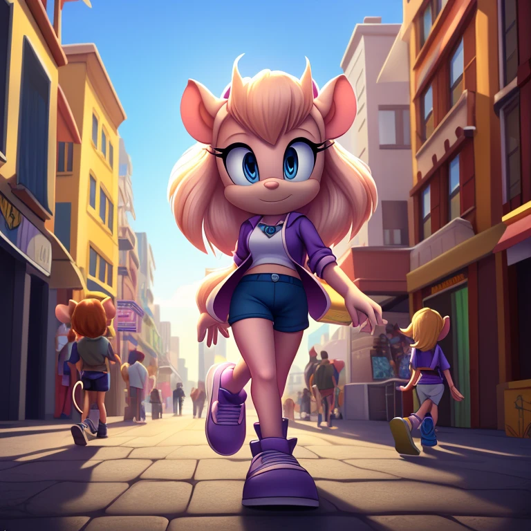 ((Masterpiece)), HD, Best Quality, vibrant lighting, shading, intricate details, extremely detailed, very detailed, high resolution, 8k, high quality, studio quality, detailed, insanely detailed, extreme detail, refined detail, perfect detail, max detail, solo, solo focus, high quality, cartoon style, 2d, Mobian, solo, 1girl, (gadget hackwrench, chip_'n_dale_rescue_rangers:1.2), (pale pink body fur), mouse girl, light blue eyes, medium breasts, fit, (long straight blonde hair, kinda frizzy, with fluffy bangs:1.2), mouse ears, cute bright pink mouse nose, open jacket, t-shirt, shorts, shoes, neutral expression, walking, city, crowd, daytime
