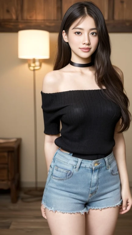 Middle Chest,Beautiful and beautiful eyes, (Long Hair:1.2), (8k, highest quality, masterpiece:1.2), (Realistic, Realistic:1.37), Very detailed, 1 girl, cute, alone, (blush), (smile: 1.15), (Mouth closed、shorts jeans、Black Off-Shoulder Knit、Belly button、Black Choker、Berry Shorts