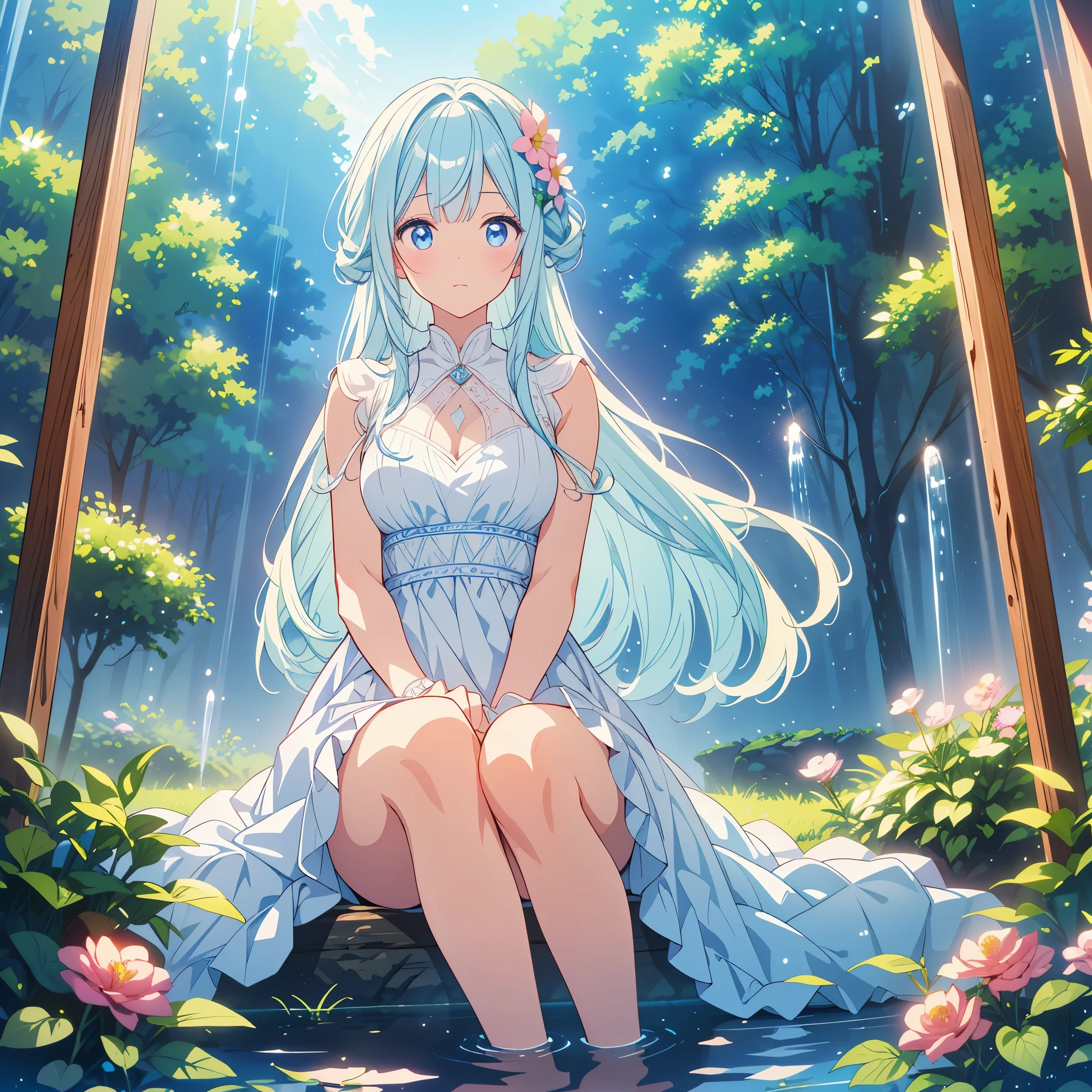(high quality, 8k), (Soft Light), Iridescent, One Girl, Detailed face, Beautiful Eyes, watercolor paiting, So magical and dreamy, Dreamy details, Dreamy atmosphereとドラマ, Gorgeous atmosphere, Fantastic and beautiful lighting, Dreamy atmosphere, Beautiful atmosphere, Dreamy Romantic, Fantastic and dreamy theme, Magical atmosphere, Beautiful atmosphere, Anime Background Art, Magical atmosphere + Tabletop, Dreamy aesthetics, Beautiful details with atmosphere, Lots of flowers, bubble, water, garden, Sit on the ground, Shining Eyes