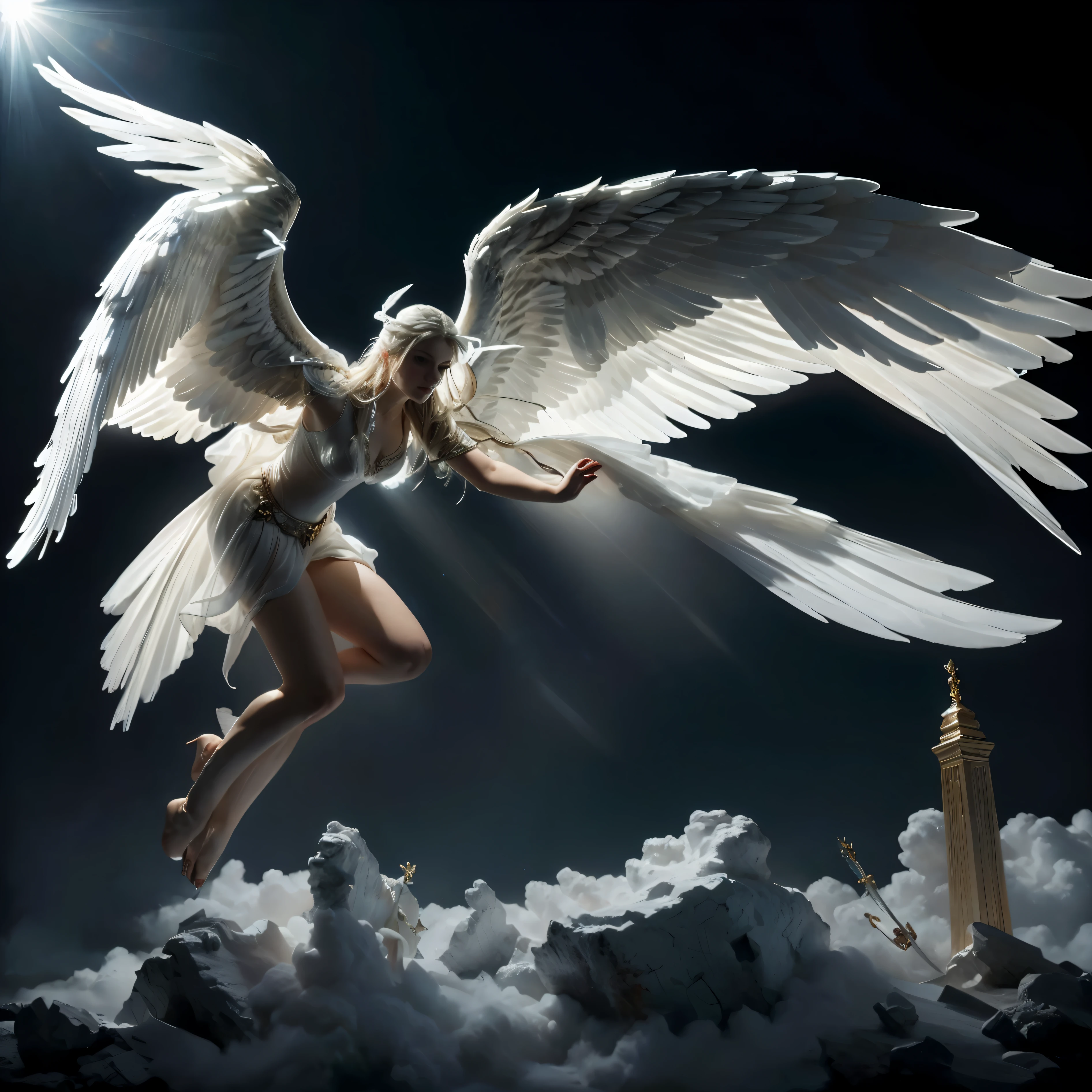 white bright glowing angel on black background, flying action pose, beautiful woman angel, ascending, very big wings, action pose, closeup angel wings, angel is light source, over exposured angel, masterpiece photo, photorealism, detailed angel wings