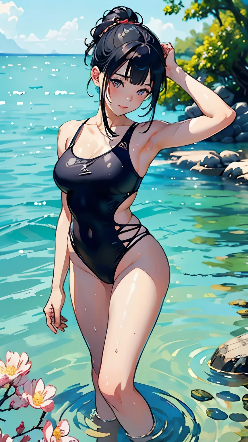 (highest quality, masterpiece, High resolution)、Concept Art、4k digital art、masterpiece肖像画、Cinema Angle、 (1 person)、(beautiful adult japanese woman)、((Full body portrait))、(Detailed depiction of a beautiful face)、A kind smile、20-year-old 、Exquisite beautiful eyes、(Cat ear)、Black Hair、Shortcuts、Bobcut、semi-long、Put your hair up、hair ornaments、Perfect body、Normal size 、cute、sexy、(Crful Swimsuits)、(Brightly colored design)、Water Play、((White Background))、