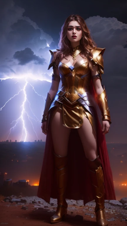 a woman in a costume standing on a hill With Lightning in the background, Goddess of Thunder, wearing thunder armor, Maya Ali as the Lightning Magician, She's attracting lightning, Lightning Fantasy Magic, Fantasy Character Pictures, Lightning flashes behind her, Lightning in the movie, Female lightning Jenasi, Magnificent lightning, With Lightning, amouranth as a super villain