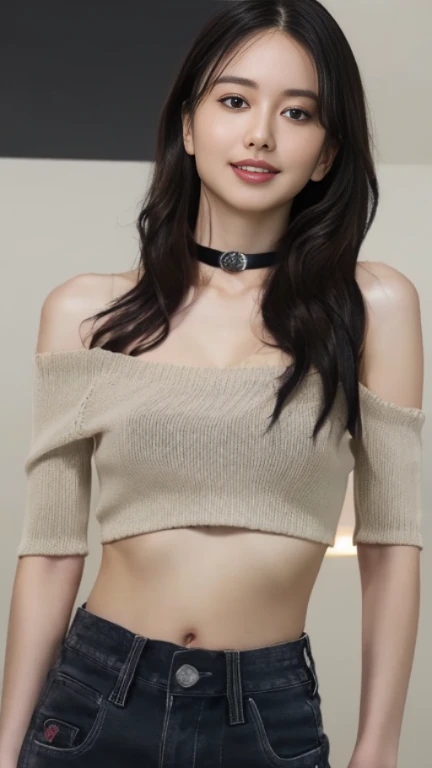 Middle Chest,Beautiful and beautiful eyes, (Long Hair:1.2), (8k, highest quality, masterpiece:1.2), (Realistic, Realistic:1.37), Very detailed, 1 girl, cute, alone, (blush), (smile: 1.15), (Mouth closed、shorts jeans、Black Off-Shoulder Knit、Belly button、Black Choker、Berry Shorts