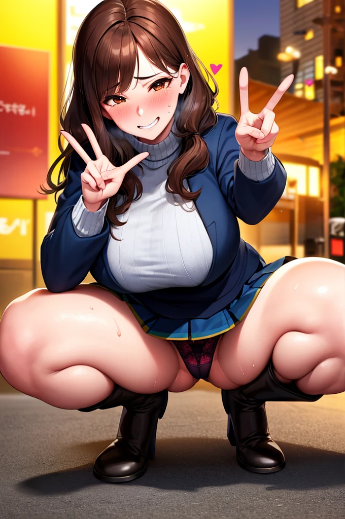 (nsfw),masterpiece,ultra detailed,sharp focus,4k digital art,high resolution,(realistic),(double peace,peace sign,v sign with both hands:1.5),(aroused and blushed:1.5),(adult beautiful face,curvy female),(face focus:1.4),(peeing),gigantic breasts,sexy undies,knit plain sweater,skirt,(brown hair,medium wavy hair),at natural public park,night,outdoor,night light,(sweaty:1.2),grinning,(trembling,flying heart-shapes),(squatting and spreading legs),pubic hair,boots