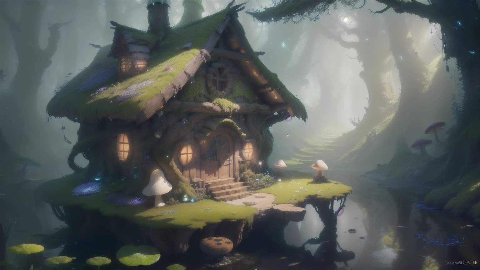 masterpiece, best quality, (extremely detailed CG unity 8k wallpaper), (best quality), (best illustration), (best shadow),（ A mushroom house covered with moss）,(((Fantasy))),(((spirit))),(((dew))),（timbo）,（creek）,firefly,clover,wtarlight surrounds the room，petal, isometric 3D, octane render,ray tracing,ultra detailed，