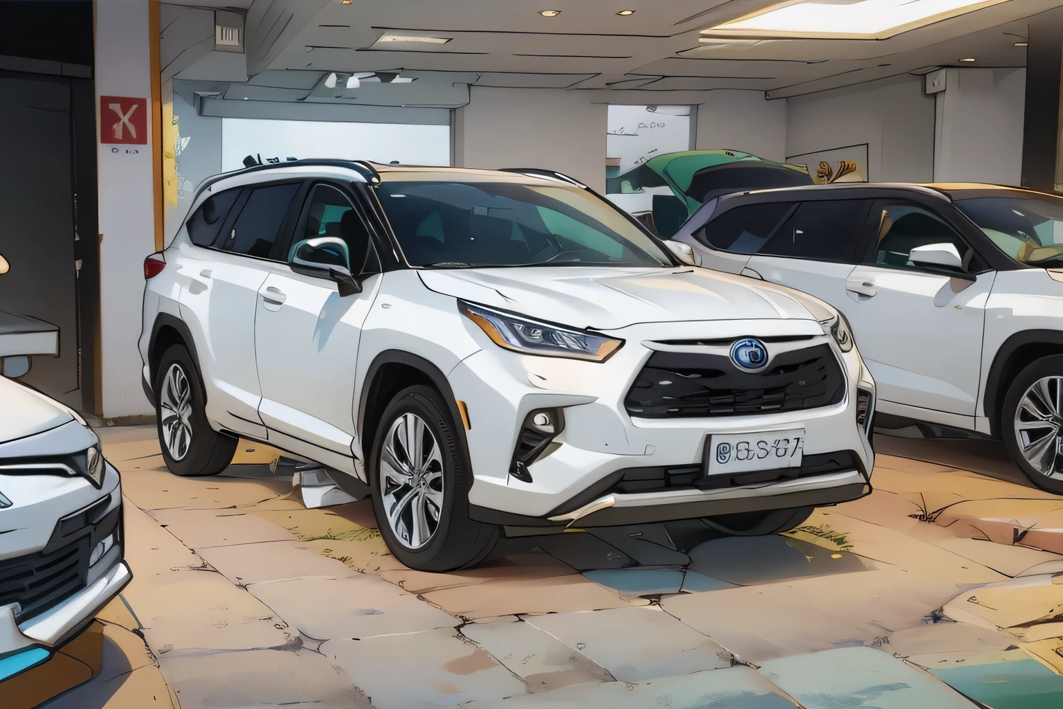 Close-up of a white Toyota SUV parked in the showroom, 3/4 Front view, Front profile shot, Full front view, Front profile, Car panorama, wide angle panorama, Medium wide angle front view, Front Angle, 🤬 🤮 💕 🎀, Front view, Frontal full, High-quality images, Side View, White Metal