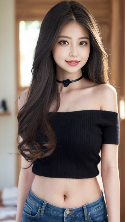 Middle Chest,Beautiful and beautiful eyes, (Long Hair:1.2), (8k, highest quality, masterpiece:1.2), (Realistic, Realistic:1.37), Very detailed, 1 girl, cute, alone, (blush), (smile: 1.15), (Mouth closed、shorts jeans、Black Off-Shoulder Knit、Belly button、Black Choker、Berry Shorts