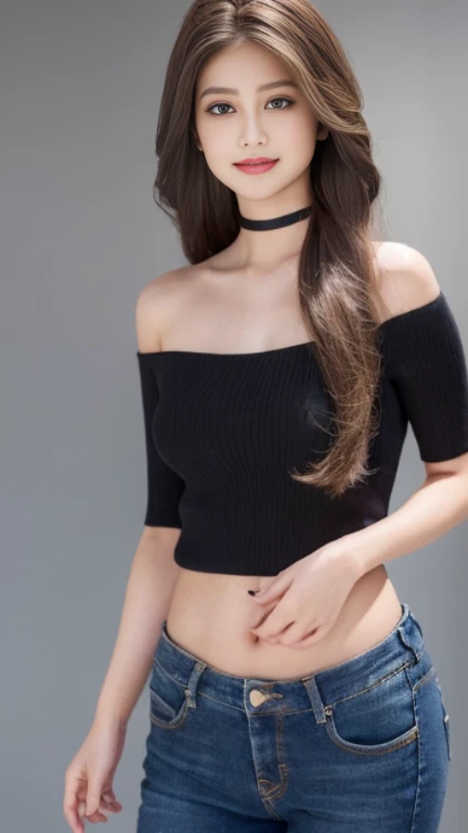 Middle Chest,Beautiful and beautiful eyes, (Long Hair:1.2), (8k, highest quality, masterpiece:1.2), (Realistic, Realistic:1.37), Very detailed, 1 girl, cute, alone, (blush), (smile: 1.15), (Mouth closed、shorts jeans、Black Off-Shoulder Knit、Belly button、Black Choker、Berry Shorts