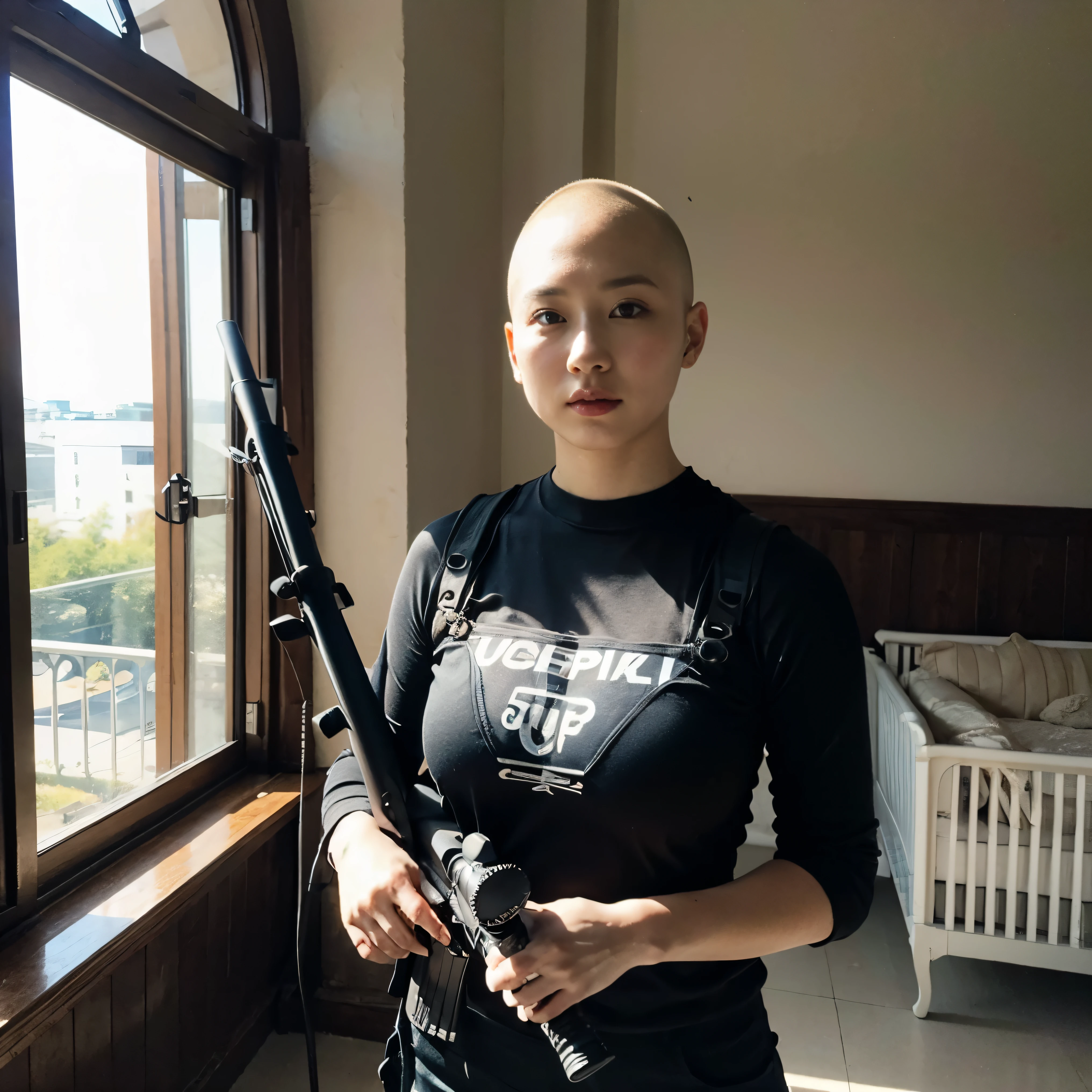 Young beautiful woman、(Skinhead:1.5)、Nun&#39;s attire、(He has a huge sniper rifle:1.6) , She&#39;s at the altar of the chapel, Stained glass、huge breasts