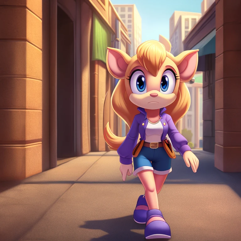 ((Masterpiece)), HD, Best Quality, vibrant lighting, shading, intricate details, extremely detailed, very detailed, high resolution, 8k, high quality, studio quality, detailed, insanely detailed, extreme detail, refined detail, perfect detail, max detail, solo, solo focus, high quality, cartoon style, 2d, Mobian, solo, 1girl, (gadget hackwrench, chip_'n_dale_rescue_rangers:1.2), (pale pink body fur), mouse girl, light blue eyes, medium breasts, fit, (long straight blonde hair, kinda frizzy, with fluffy bangs:1.2), mouse ears, cute bright pink mouse nose, open jacket, t-shirt, shorts, shoes, neutral expression, walking, city, crowd, daytime
