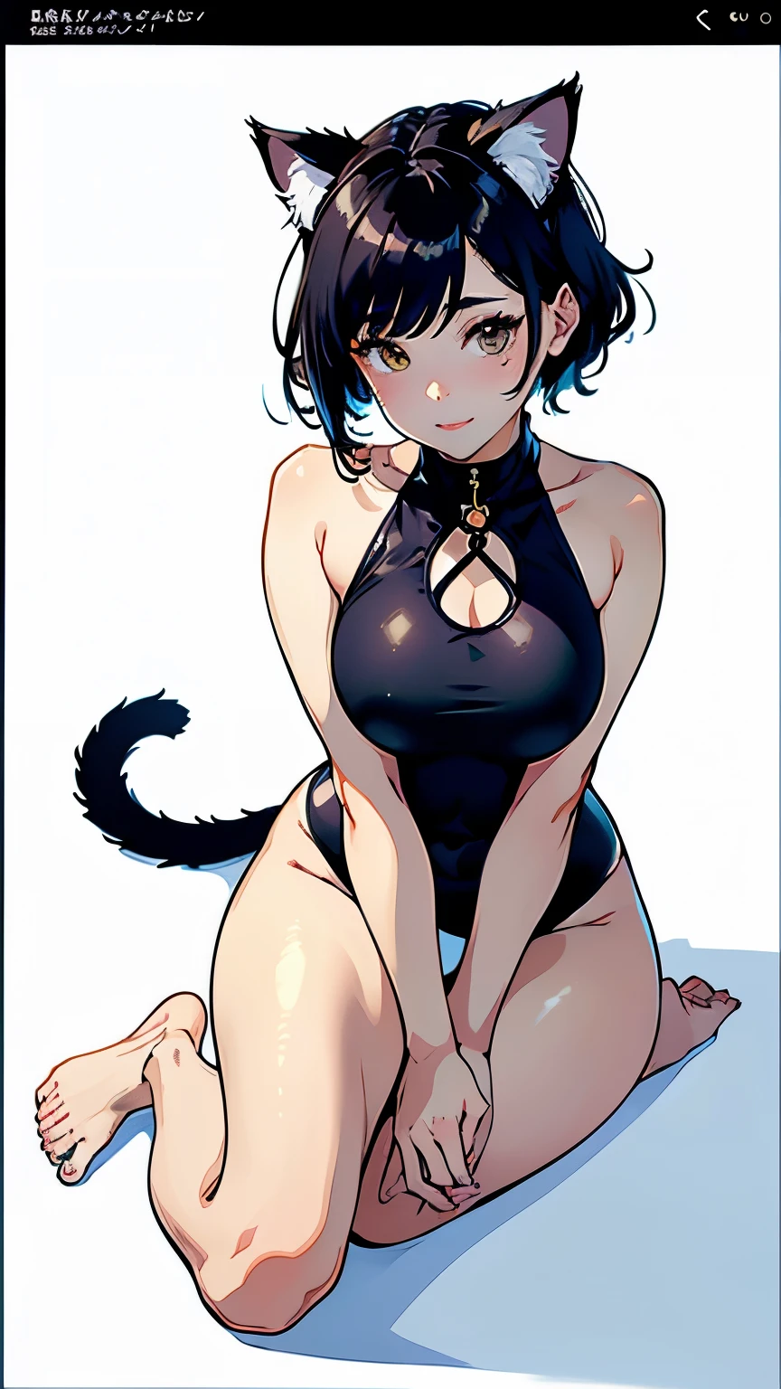 (highest quality, masterpiece, High resolution)、Concept Art、4k digital art、(Reality)、Cinematic light、Soft Light、 (1 person)、(beautiful adult japanese woman)、((Full body portrait))、(Detailed depiction of a beautiful face)、((Cat ear))、Black Hair、Shortcuts、Bobcut、semi-long、Put your hair up、(Persian cat swimsuit)、 choker、Cat ears、 Captivating smile、Perfect body、Normal size breasts、cute、sexy、((White Background))、