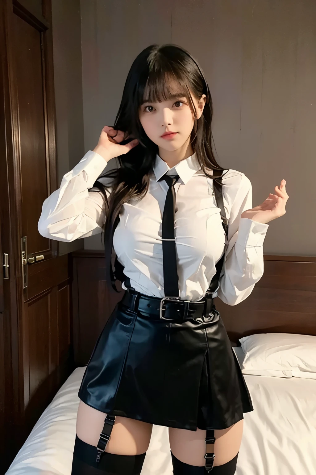 　　suspenders　　　Large swollen breasts　　 　 　　　　Black mini skirt　garter belt　Knee-high socks　　　　　　　bangs 　　　　　Beauty　　Hands up　　 　　Black boots 　Taunt　　　one person 　　　Dress shirt　　　Hands Behind Back　put your hands behind your back　　With your hands behind your back　Armament　holster　　A room at the Belt Hotel　Bed