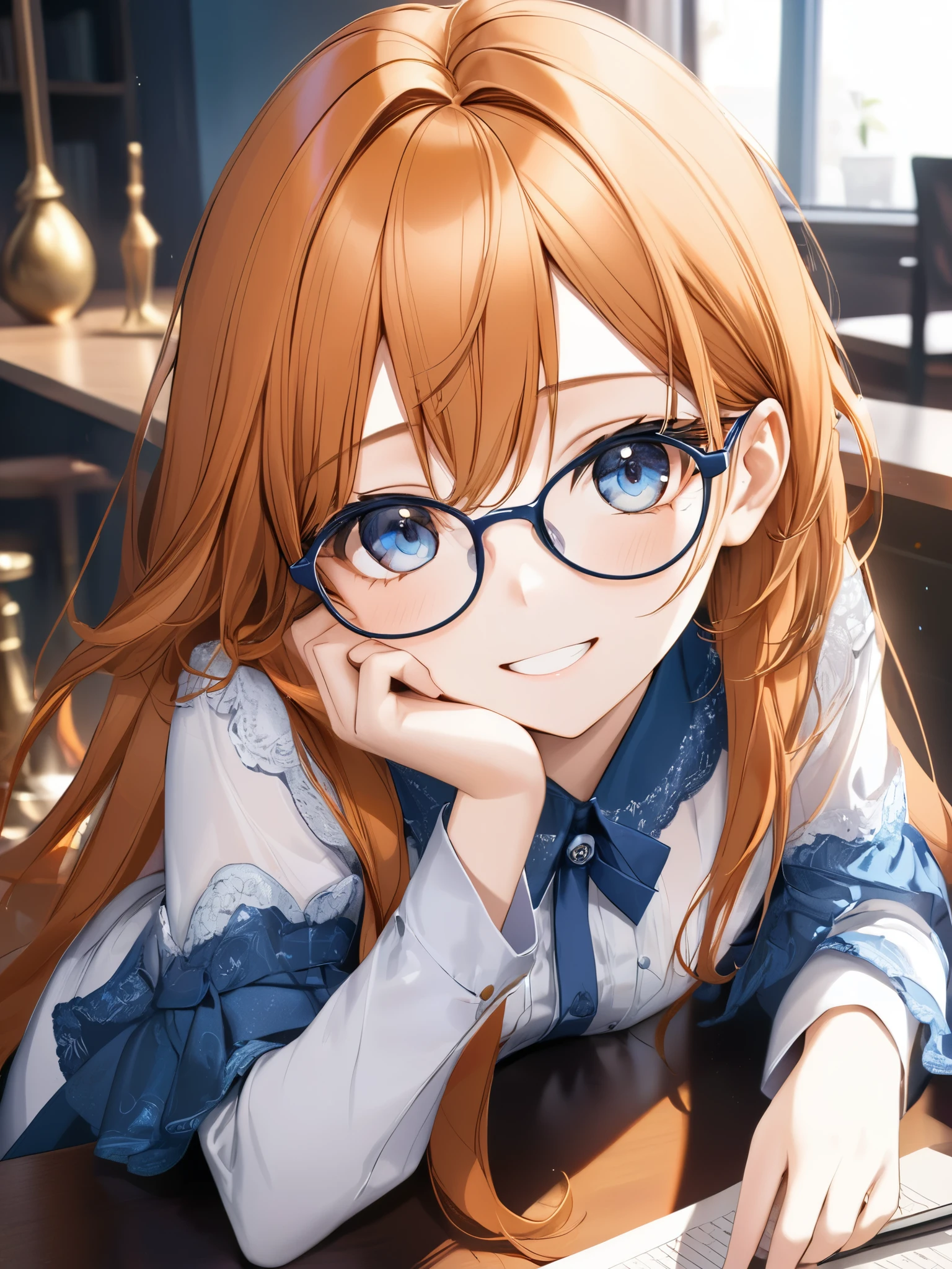 (masterpiece), (best quality),(ultra detailed),(extremely detailed),(absolutely resolution) ,absurdres,8k, cute and beautiful face, highly detailed face and eyes, 1girl, wearing glasses, grin, hands up,elbows on table, (long hair, orange hair, dark-blue-eyes:1.5),(Intricate Iris Details,Depth and Dimension in the Pupils:1.0),