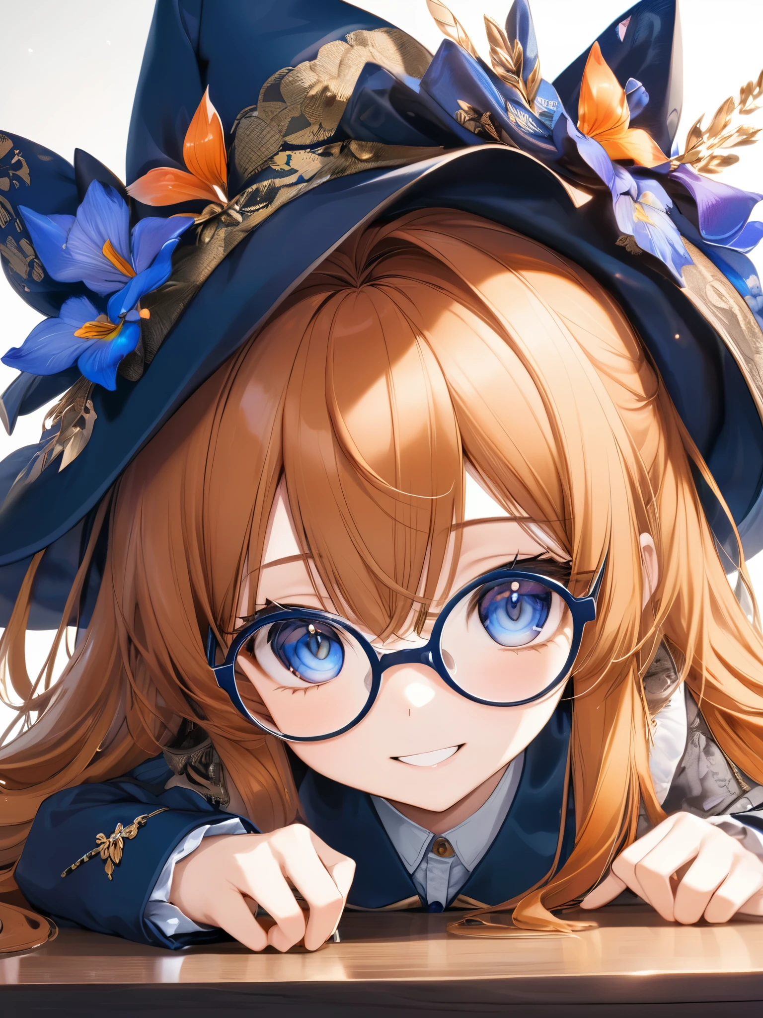 (masterpiece), (best quality),(ultra detailed),(extremely detailed),(absolutely resolution) ,absurdres,8k, cute and beautiful face, highly detailed face and eyes, 1girl, wearing glasses, grin, hands up,elbows on table, (long hair, orange hair, dark-blue-eyes:1.5),(Intricate Iris Details,Depth and Dimension in the Pupils:1.0), 