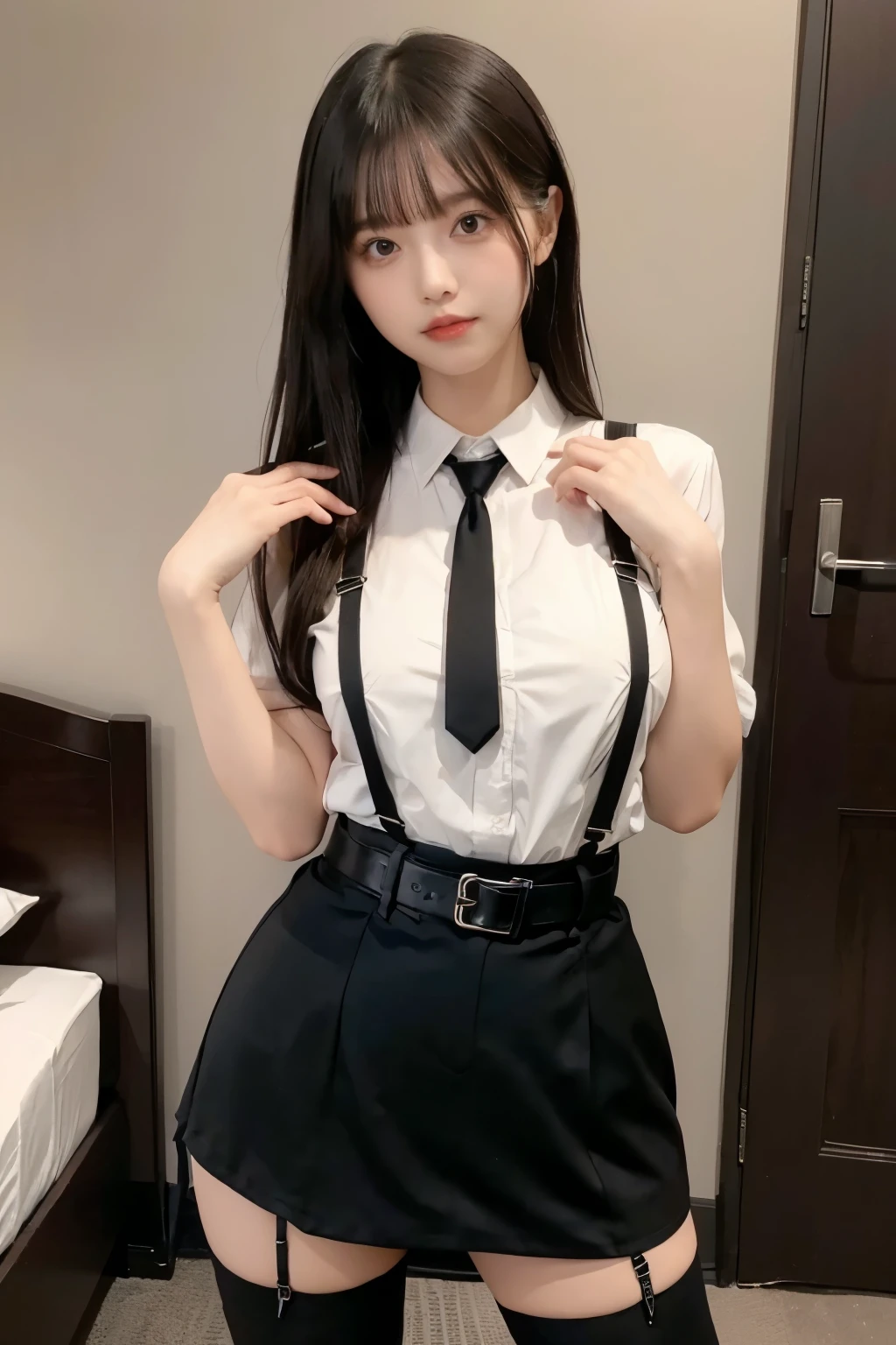 　　suspenders　　　Large swollen breasts　　 　 　　　　Black mini skirt　garter belt　Knee-high socks　　　　　　　bangs 　　　　　Beauty　　Hands up　　 　　Black boots 　Taunt　　　one person 　　　Dress shirt　　　Hands Behind Back　put your hands behind your back　　With your hands behind your back　Armament　holster　　A room at the Belt Hotel　Bed