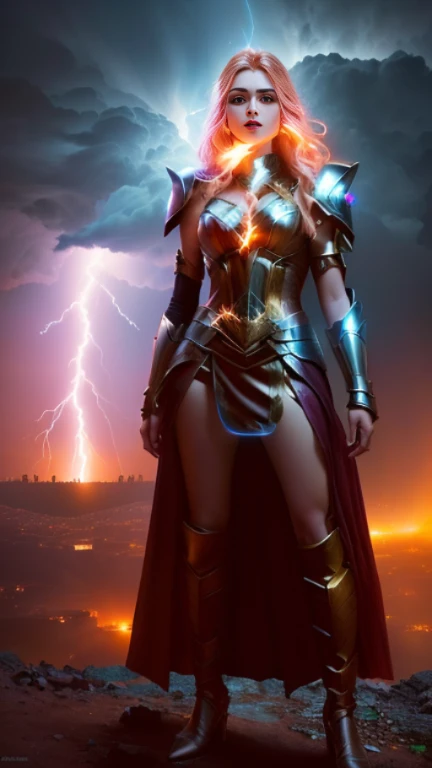 a woman in a costume standing on a hill With Lightning in the background, Goddess of Thunder, wearing thunder armor, Maya Ali as the Lightning Magician, She's attracting lightning, Lightning Fantasy Magic, Fantasy Character Pictures, Lightning flashes behind her, Lightning in the movie, Female lightning Jenasi, Magnificent lightning, With Lightning, amouranth as a super villain