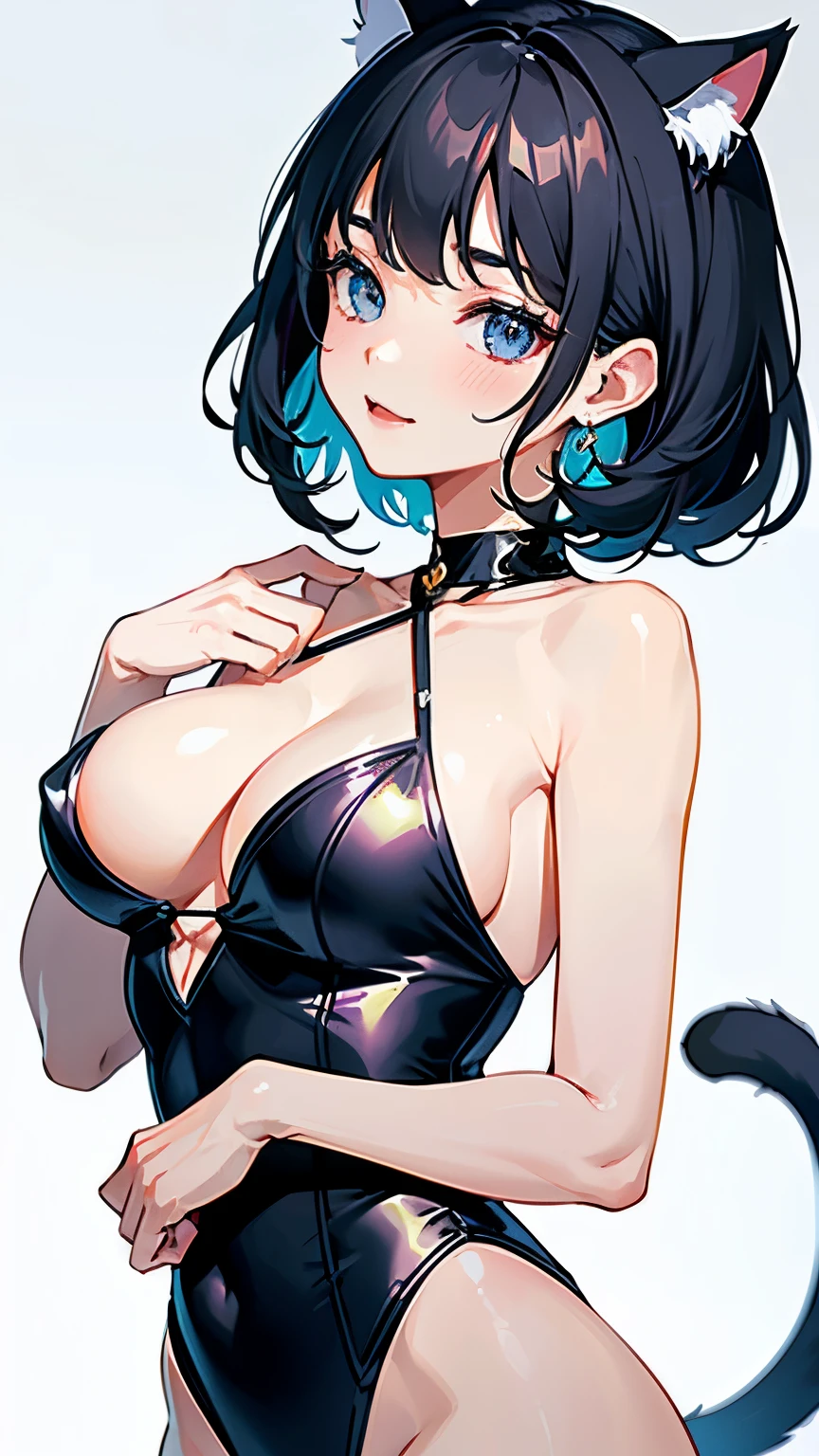 (highest quality, masterpiece, High resolution)、Concept Art、4k digital art、(Reality),Cinematic light、Soft Light、 (1 person)、(beautiful adult japanese woman)、((Full body portrait))、(Detailed depiction of a beautiful face)、((Cat ear))、Black Hair、Shortcuts、Bobcut、semi-long、Put your hair up、Black Cat Swimsuit、 choker、Cat ears、 Captivating smile、Perfect body、Normal size breasts、cute、sexy、((White Background))、