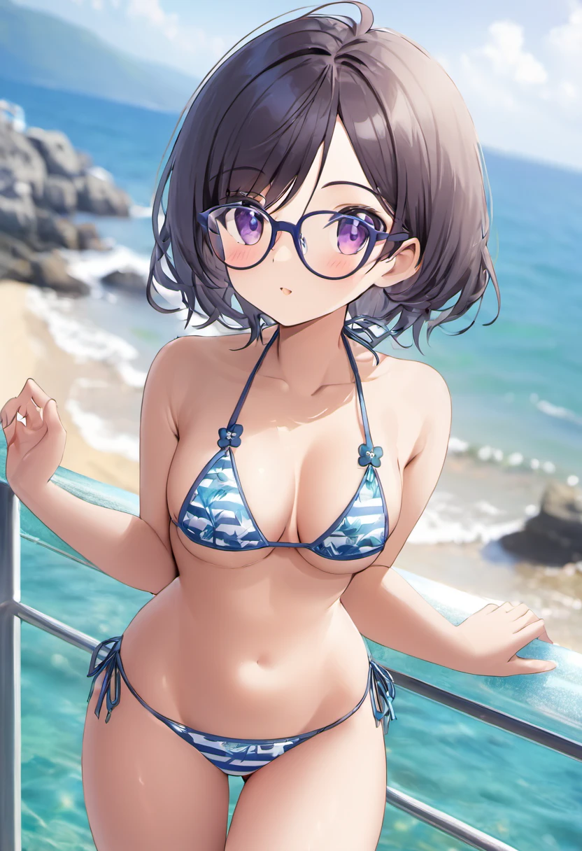 ((masterpiece)), ((best quality)), (ultra-detailed), ((kawaii)), cute, (lovely), ((extremely detailed)), 4K, (8K), best quality, (beautiful), anime style, upper body, walking, focus on the face, full body focus, ocean, beach, beautiful sky, daytime, summer, a cute girl, 1girl, solo, (((topless))), micro-bikini, beautiful dark brown hair, beautiful purple eyes, ((beautiful eyes)), white-skinned, ponytail, large breast, glasses, earrings, :d, lens flare, shiny-glistening, gleaming, wetted by water