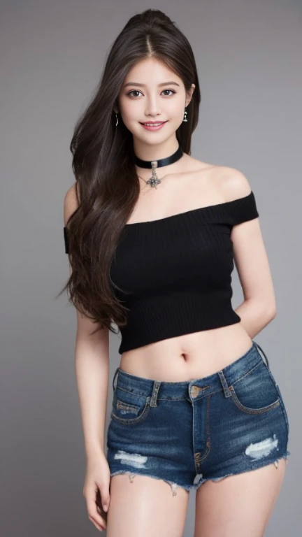 ,Beautiful and beautiful eyes, (Long Hair:1.2), (8k, highest quality, masterpiece:1.2), (Realistic, Realistic:1.37), Very detailed, 1 girl, cute, alone,  (smile: 1.15), (Mouth closed、shorts jeans、Black Off-Shoulder Knit、Belly button、Black Choker、Berry Shorts