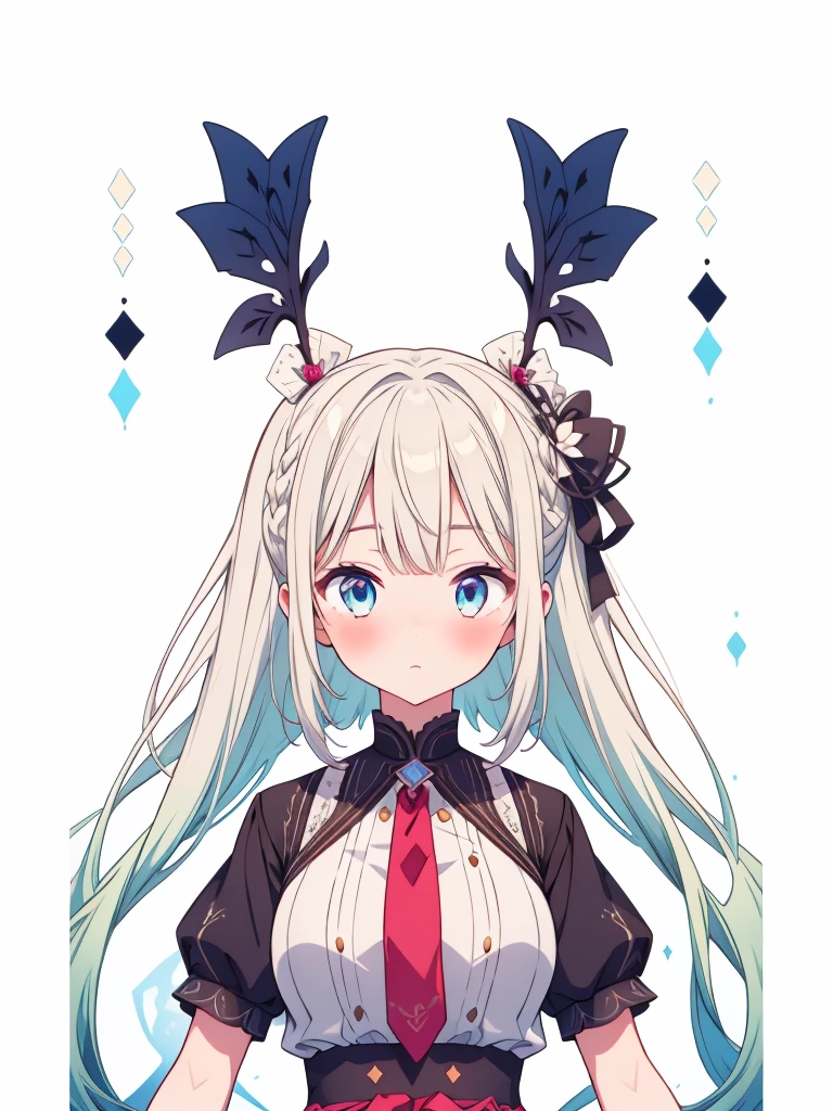 vtuber-halfbody、masterpiece、Best Quality、Best illustrations、Super detailed、Upper Body、solo、1 girl、looking at the camera、upright、Arms at your sides、Beautiful detailed eyes、Concept Art、Short bangs、from the front、White background、Simple Background、Big eyeilky white long hair、Blue gradient hair、Short sleeve、water colored pencils、Expressionless、blush、Virtual YouTuber、