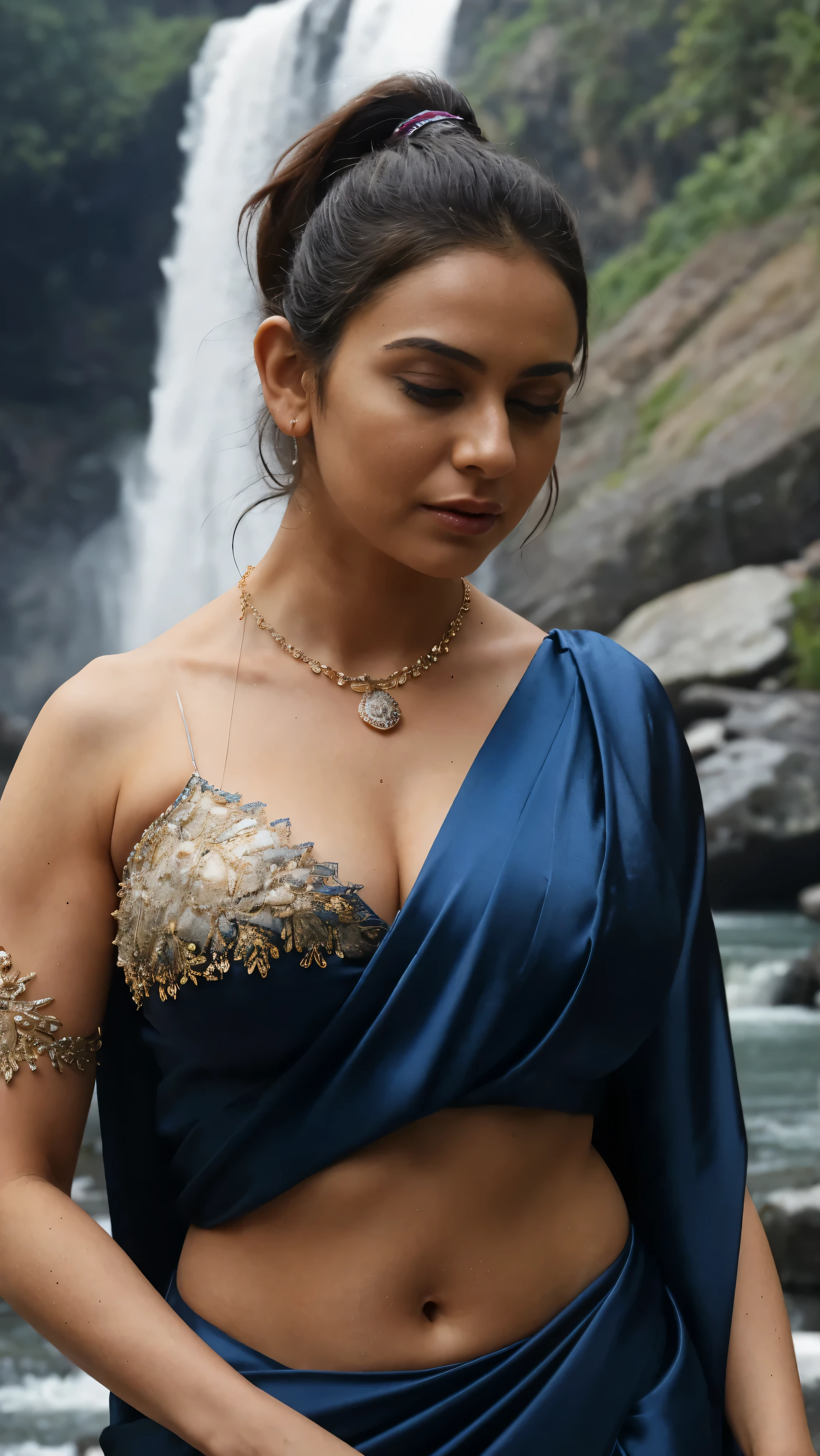 day scene, extreme close up photo of naked latina, hourglass figure, swooping breasts, showing deep cleavage, open arms, seducing near waterfalls, ponytail, necklace, blue satin silk half saree, look at viewer, (cinematic:1.3), intricate details, (ArtStation:1.2)