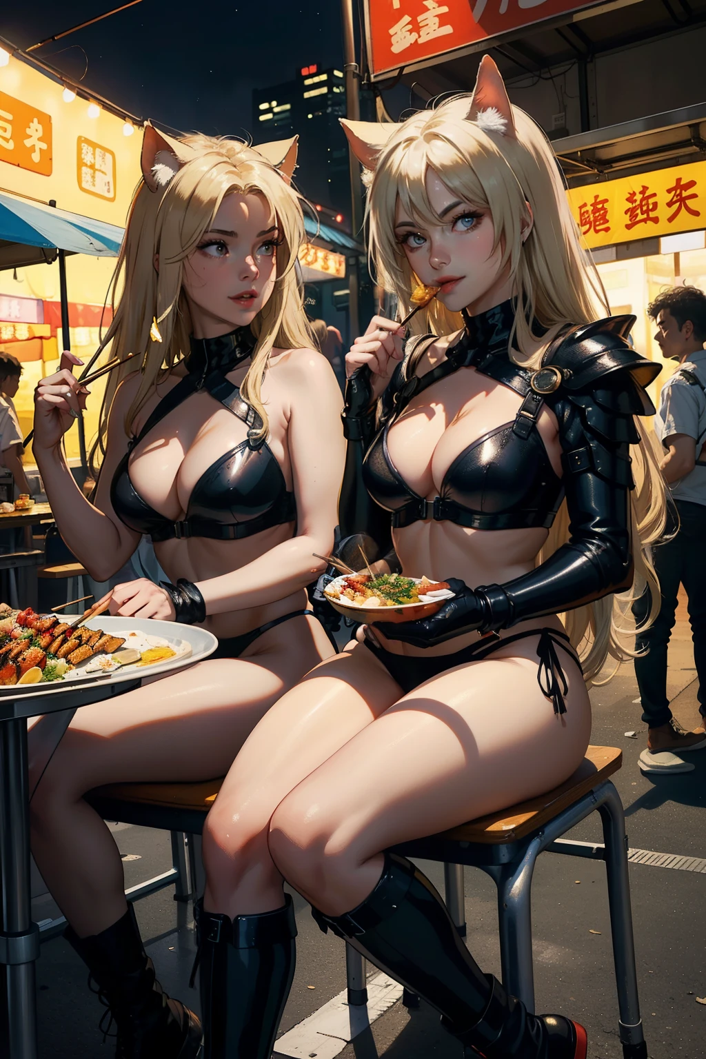 ((highest quality)), ((masterpiece)), (be familiar with), (High definition), 8K, Perfect Face、2Women、Two blonde women with cat ears、((The two are sitting on chairs and eating grilled fish skewers.))、(Fish on a skewer:1.1), ((未来的なFood Stall Street))、(Resting after the fight)、(smile:1.1)、tall、2 Blonde cat ears、2. Long Hair、2. Volumetric hair style、Large Breasts、Narrow waist、Big Ass、glamorous、Alluring、Bikini Protector、Armor、combat suit、Combat Boots、Cinematic、Best Shadow、Side lighting、NEO TOKYO、(Bustling night market)、Food Stall Street、Bust Shot、Close-up of face