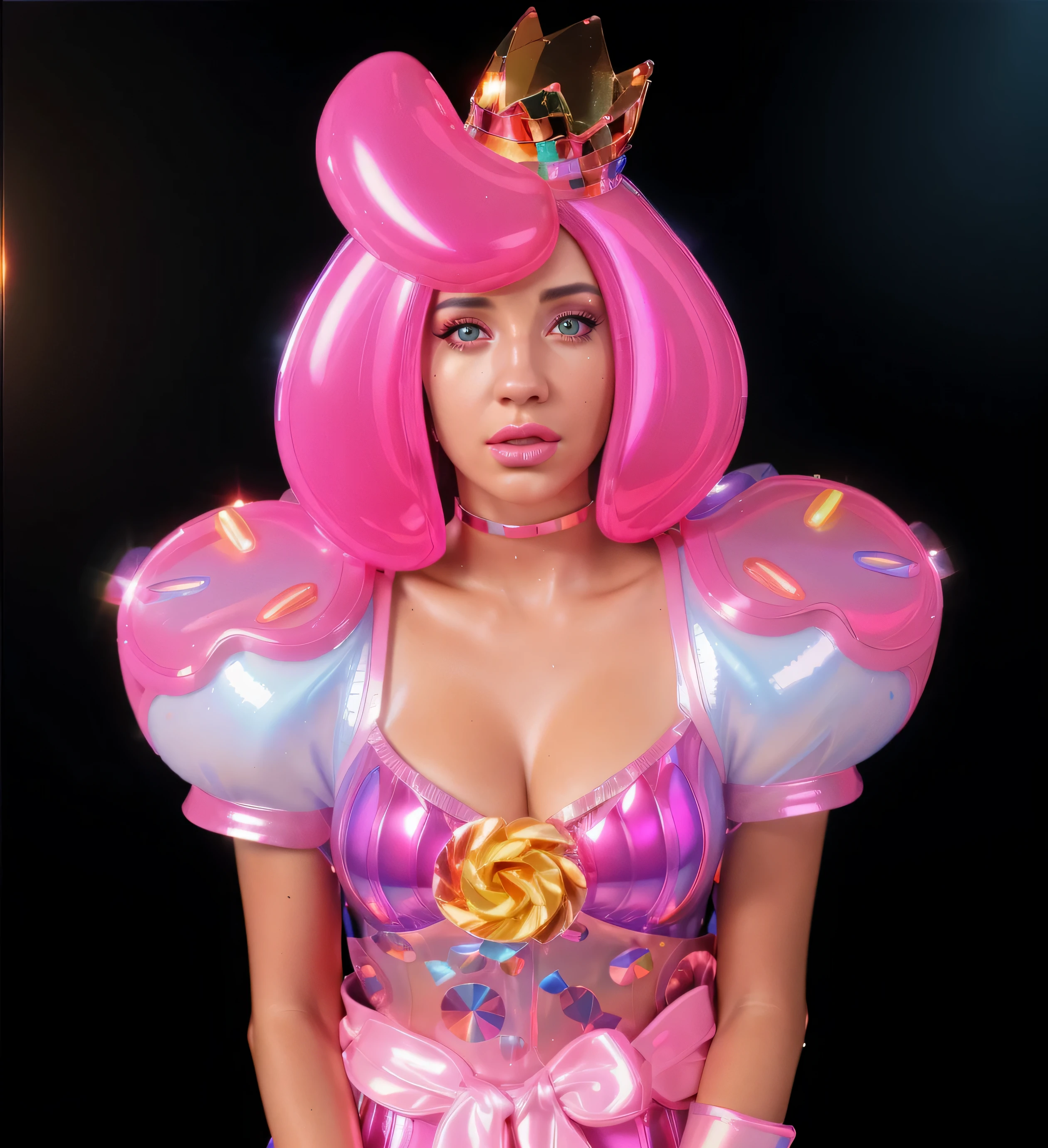 A queen made of candy, with pink icing, a crown, and two hands. She is wearing a pink dress and standing on a blue surface. outfit made of candies melting glossy. glossy texture, smooth 3d model, multiple light sources, rim light, sharp post effects render, (glossy plastic texture with multiple big light probe refractions), perfect cgi, smooth silhouette, high intensity refraction, (super glossy material), most beautiful vfx, blue background, plastic refractions, realistic, 4k, high resolution, rim light, photo shoot, commercial photo, profile shot, 4k, rim light, high resolution, 4k, glossy texture, smooth 3d model, multiple light sources, rim light, sharp post effects render, (glossy metallic texture with multiple big light probe refractions), perfect cgi, cgi art created only with gradients, smooth silhouette, high intensity refraction, (super glossy chrome material), most beautiful vfx, blue background, chrome metal refractions, multiple light sources, rim light, sharp post effects render, perfect cgi, digital art, detailed digital art, reflective, best quality, 4k, masterpiece:1.2, ultra-detailed, realistic, vivid colors, dark and moody lighting, The image of the highest quality, ensuring every detail showcased perfectly. It in 4k resolution, allowing viewers to immerse themselves in the richness of the colors and intricate details. The realistic rendering. under the spotlight, reflecting, high-resolution image, realistic rendering, dark background, and rim light photorealistic
