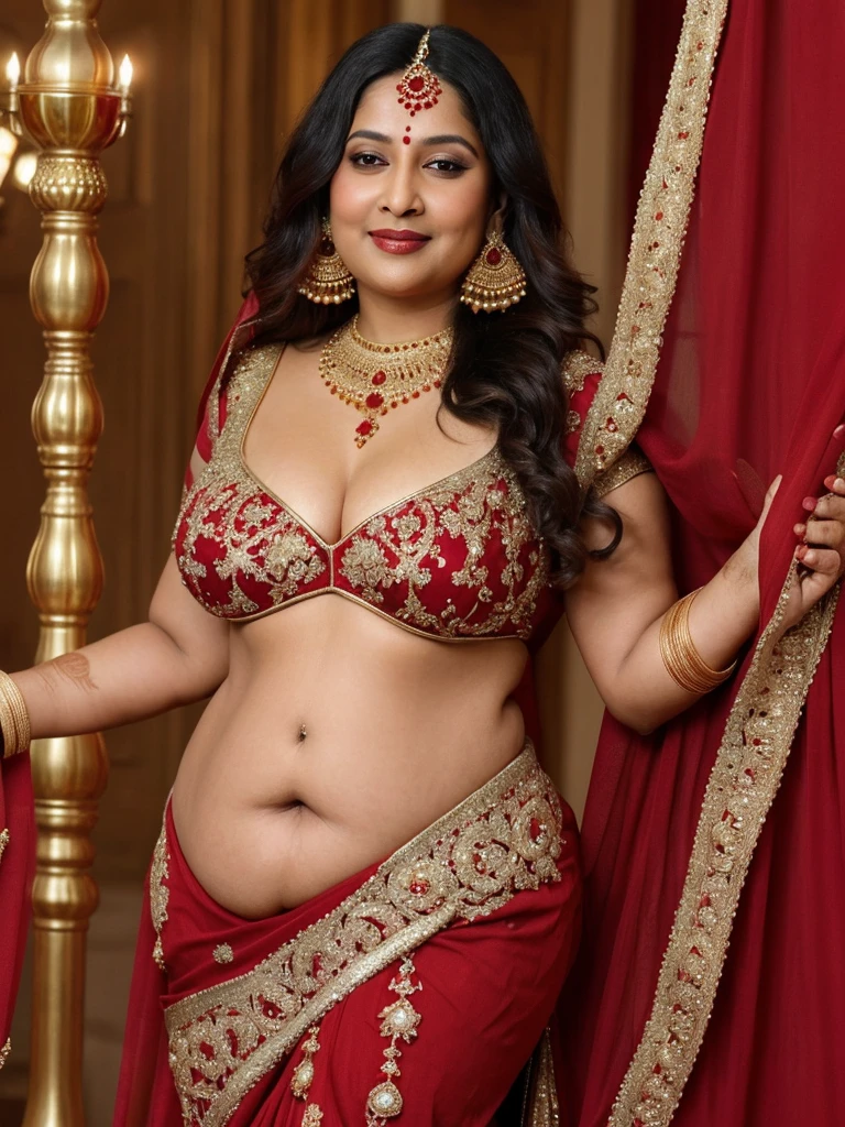 1woman , Curvy figure, wearing red Muslim wedding dress, Gold Jewelry, Gold Jhumka, Gold Tikka, (Indian:1.5), (Mature:1.2), Realistic details, beautiful face, long black hair (Top Bodyshot)
