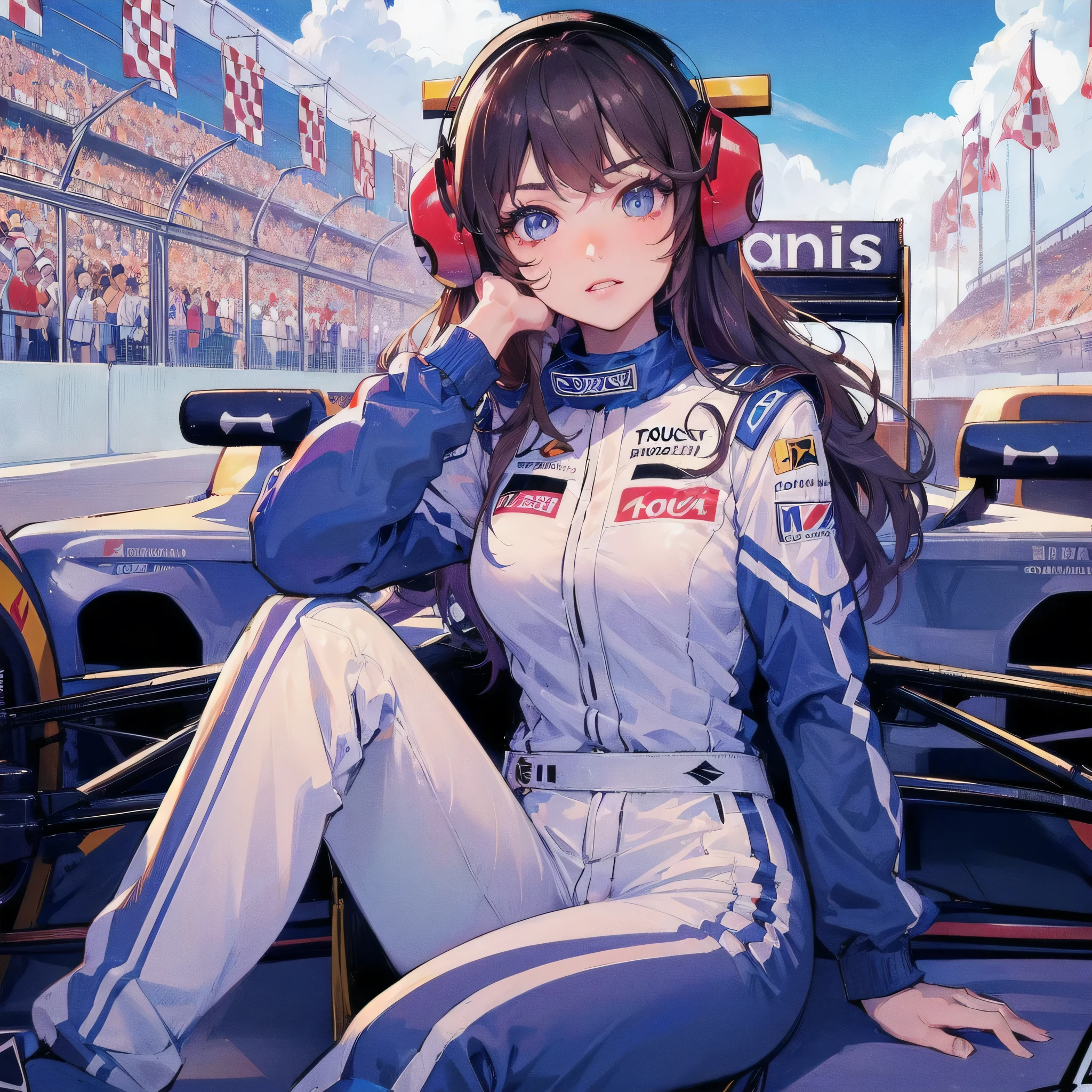 high quality,HD,16k,sharp lines,1 girl,Female f1racer athlete ,cute face, large breasts, nice legs,At the racing venue,focus girl,detailed beautiful face,detailed clothes,beautiful eyes,cool,dynamic angle