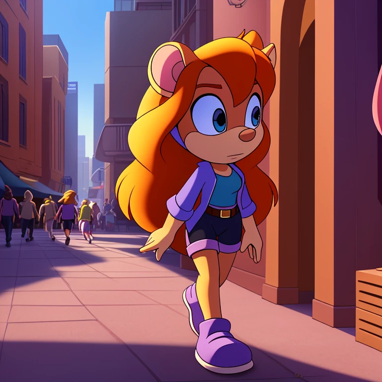 ((Masterpiece)), HD, Best Quality, vibrant lighting, shading, intricate details, extremely detailed, very detailed, high resolution, 8k, high quality, studio quality, detailed, insanely detailed, extreme detail, refined detail, perfect detail, max detail, solo, solo focus, high quality, cartoon style, 2d, Mobian, solo, 1girl, (gadget hackwrench, chip_'n_dale_rescue_rangers:1.2), (pale pink body fur), mouse girl, light blue eyes, medium breasts, fit, (long straight blonde hair, kinda frizzy, with fluffy bangs:1.2), mouse ears, cute bright pink mouse nose, open jacket, t-shirt, shorts, shoes, neutral expression, walking, city, crowd, daytime