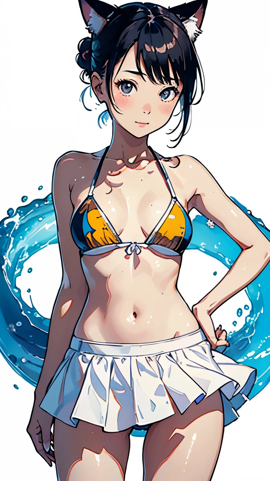 (highest quality, masterpiece, High resolution)、4k digital art、Reality、Beautiful Japanese Woman、(One woman)、20-year-old、(whole bodyポートレート、Standing posture)、(Keep your hands on your hips)、(Detailed depiction of a beautiful face)、Smiling Kindly、Small breasts、Slim figure、((Cat ear))、Medium Short Hair、semi-long、Hair Bun、Wet 水着、bikini、モノキニbikini、A pareo skirt with ethnic patterns and primary colors、Realistic Skin、Wet、whole body、No zoom、No close-ups、Cinematic Light、Tropical Colors、((Blank Background))、((White Background))、